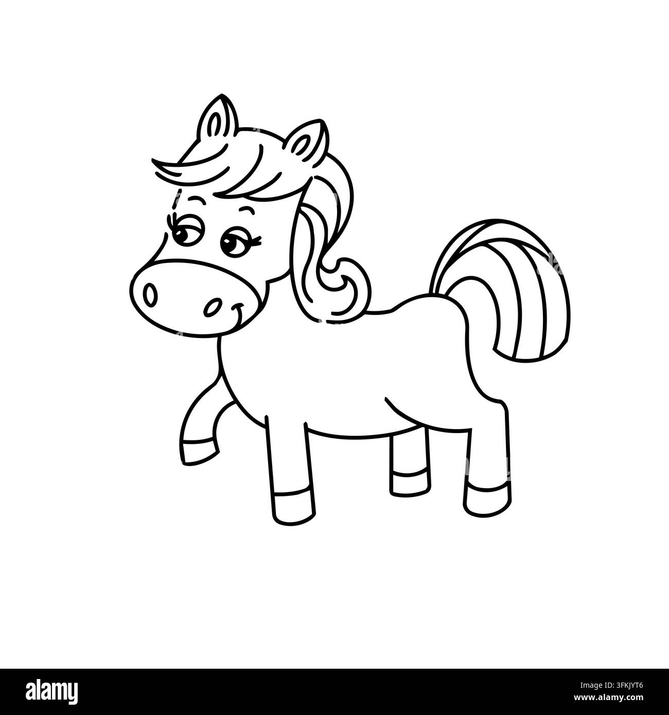 Contorno di cartone animato di cavallo vettore isolato. Carattere di animale domestico carino in piedi felice pagina da colorare. Libro di attività per bambini gioco educativo di fattoria asilo Illustrazione Vettoriale