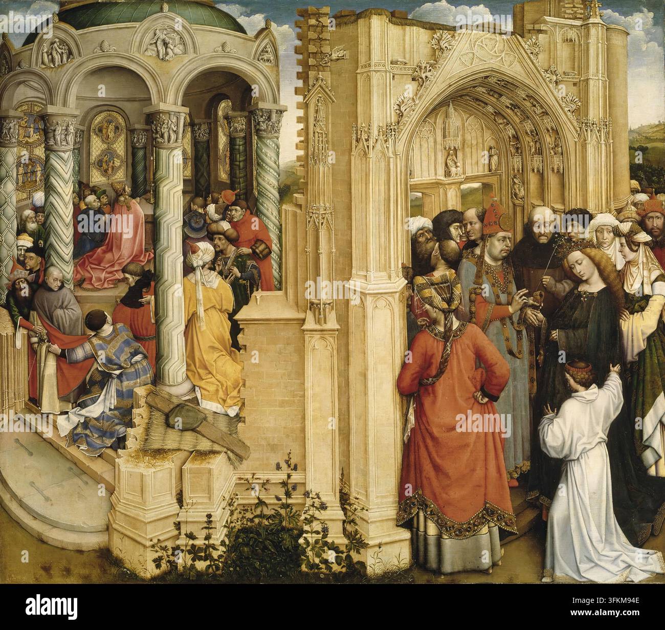 Le Nozze della Vergine, 1420-1430. Il miracolo del bastone fiorito (a sinistra); il matrimonio di Maria e Giuseppe (a destra). Due scene dalla vita di Maria, ciascuna ambientata in un edificio distinto ma disposte in un senso di continuità spaziale. A sinistra è la scena del miracolo del bastone fiorito, in cui San Giuseppe fu proclamato protettore della Vergine. Secondo una tradizione cristiana raccontata nei vangeli apocrifi, il sacerdote Zaccaria convocò tutti i vedovi della Giudea al tempio per decidere chi sarebbe stato il marito di Maria, istruendoli a portare un bastone. Mentre Giuseppe pregava, hi Foto Stock