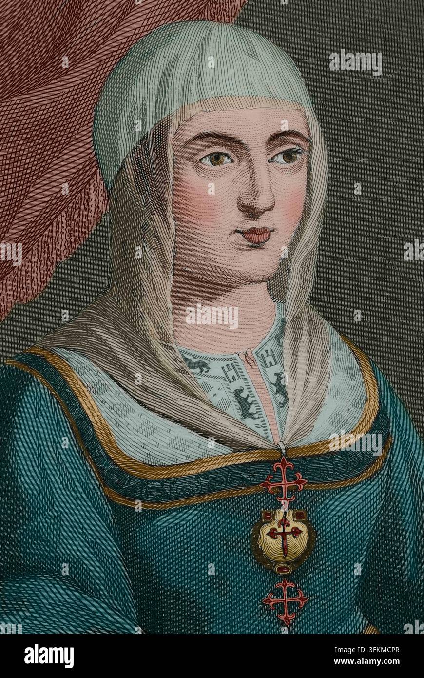 Isabella I, (1451-1504), regina di Castiglia (1474-1504), regina consorte di Aragona per il suo matrimonio con Ferdinando II d'Aragona, XIX secolo. (Stampa a colori in bianco e nero). Foto Stock