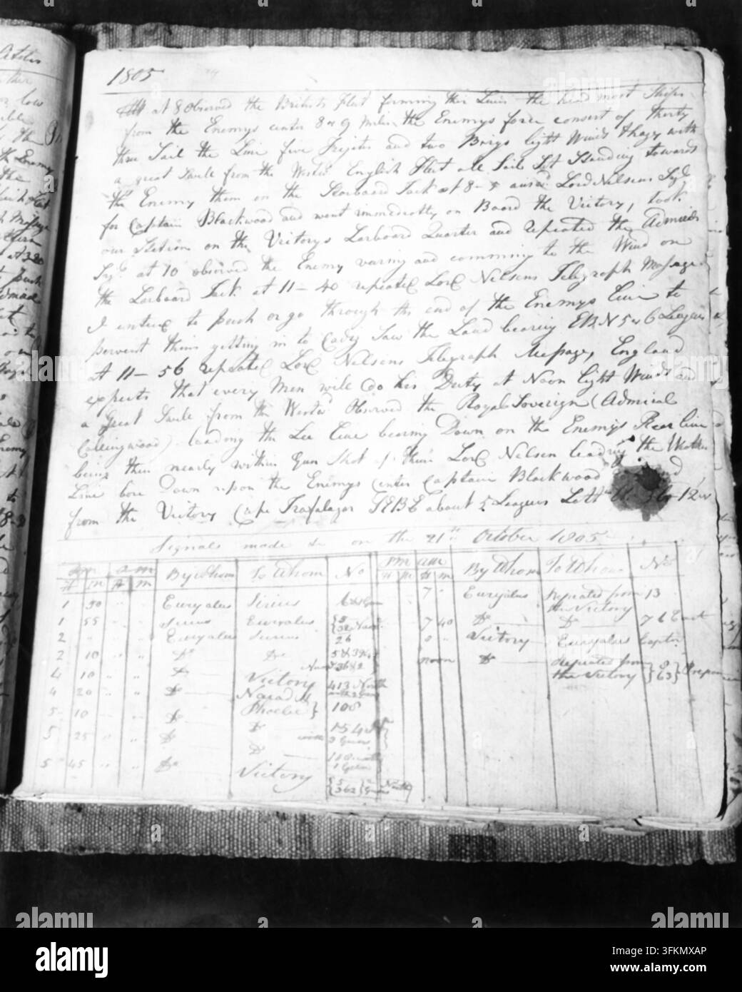 Pagina del diario di bordo della HMS Victory, Battaglia di Trafalgar, 21 ottobre 1805, (c1955). La Battaglia di Trafalgar fu combattuta tra la Royal Navy e una flotta combinata delle marine francese e spagnola durante la Guerra della Terza Coalizione. Come parte dell'invasione pianificata da Napoleone del Regno Unito, le marine francese e spagnola pianificarono di prendere il controllo della Manica e fornire all'esercito di invasione francese un passaggio sicuro verso la Gran Bretagna. La flotta alleata, sotto il comando del viceammiraglio francese Pierre-Charles Villeneuve, salpò dal porto di Cadice nel sud della Spagna il 18 ottobre 1805. Essa enco Foto Stock