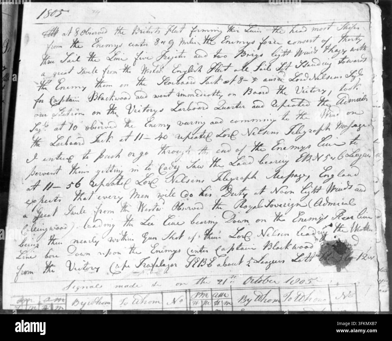 Pagina del diario di bordo della HMS Victory, Battaglia di Trafalgar, 21 ottobre 1805, (c1955). La Battaglia di Trafalgar fu combattuta tra la Royal Navy e una flotta combinata delle marine francese e spagnola durante la Guerra della Terza Coalizione. Come parte dell'invasione pianificata da Napoleone del Regno Unito, le marine francese e spagnola pianificarono di prendere il controllo della Manica e fornire all'esercito di invasione francese un passaggio sicuro verso la Gran Bretagna. La flotta alleata, sotto il comando del viceammiraglio francese Pierre-Charles Villeneuve, salpò dal porto di Cadice nel sud della Spagna il 18 ottobre 1805. Essa enco Foto Stock