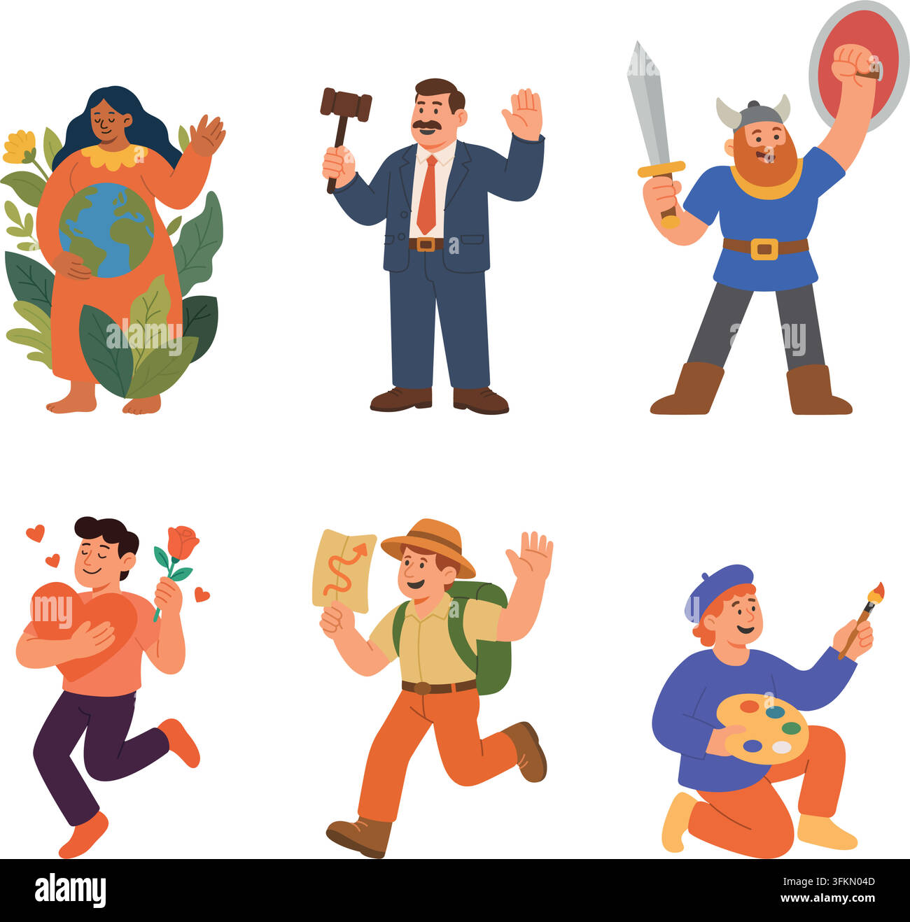 Collezione di sei personaggi dei cartoni animati che rappresentano diverse professioni e ruoli. Madre Terra, giudice, vichingo, amante, viaggiatore e artista Illustrazione Vettoriale