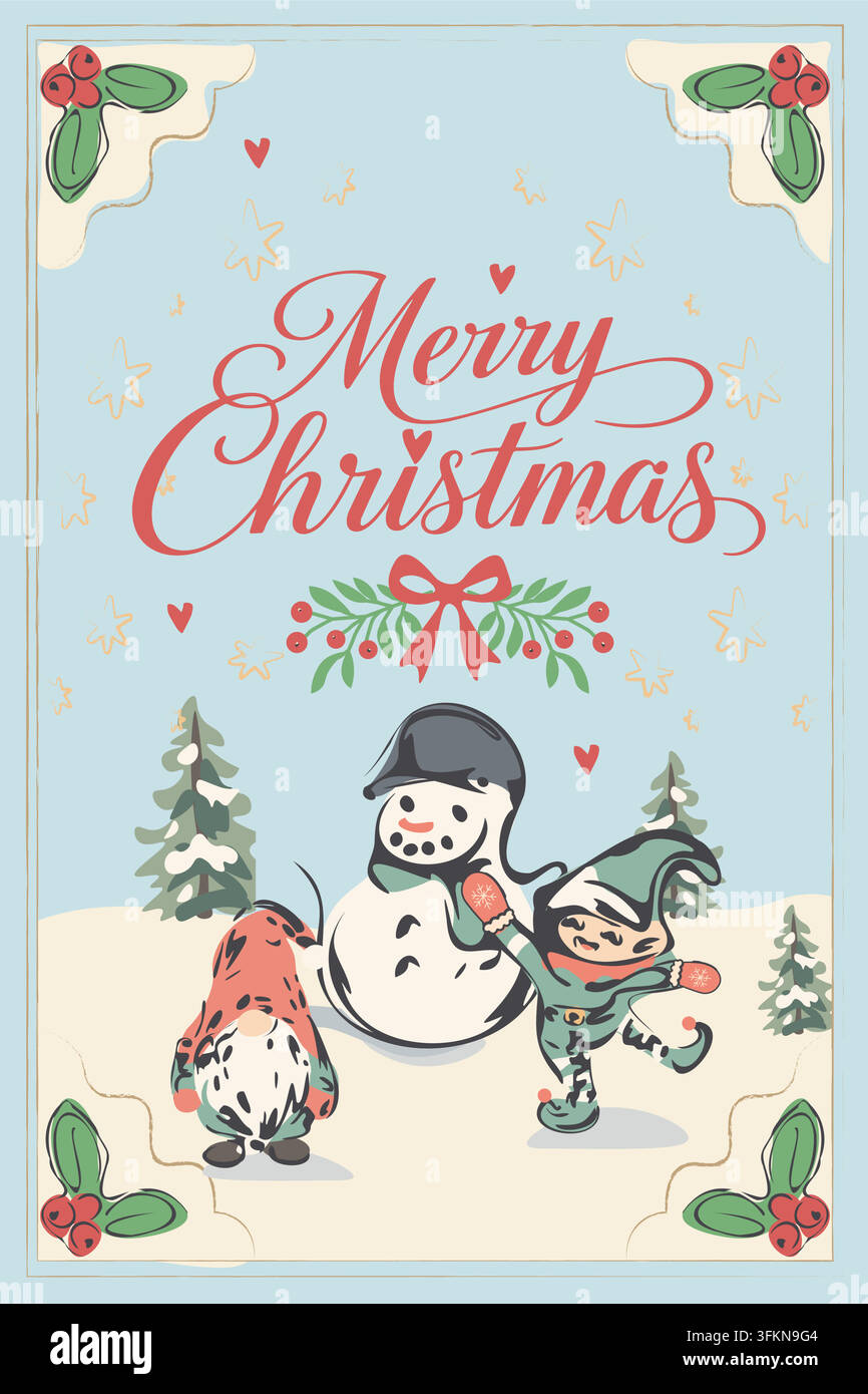 Biglietto di Buon Natale blu con gnomo pupazzo di neve ed elfo Illustrazione Vettoriale