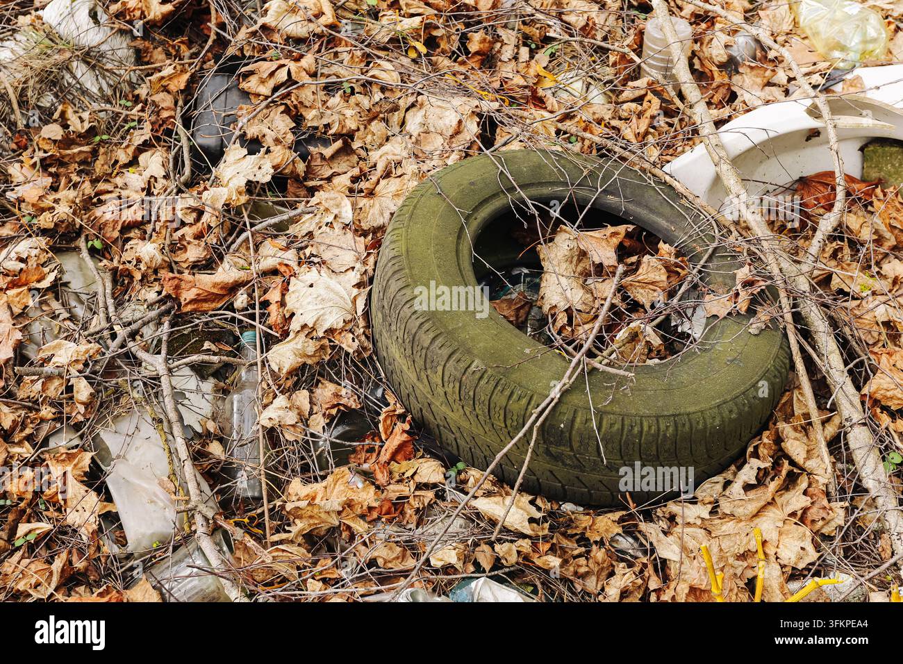 Pneumatico vecchio abbandonato tra foglie secche e rifiuti nella natura. Sfondo di inquinamento per lo smaltimento illegale di rifiuti, danni ambientali e immondizia trascurata. Foto Stock