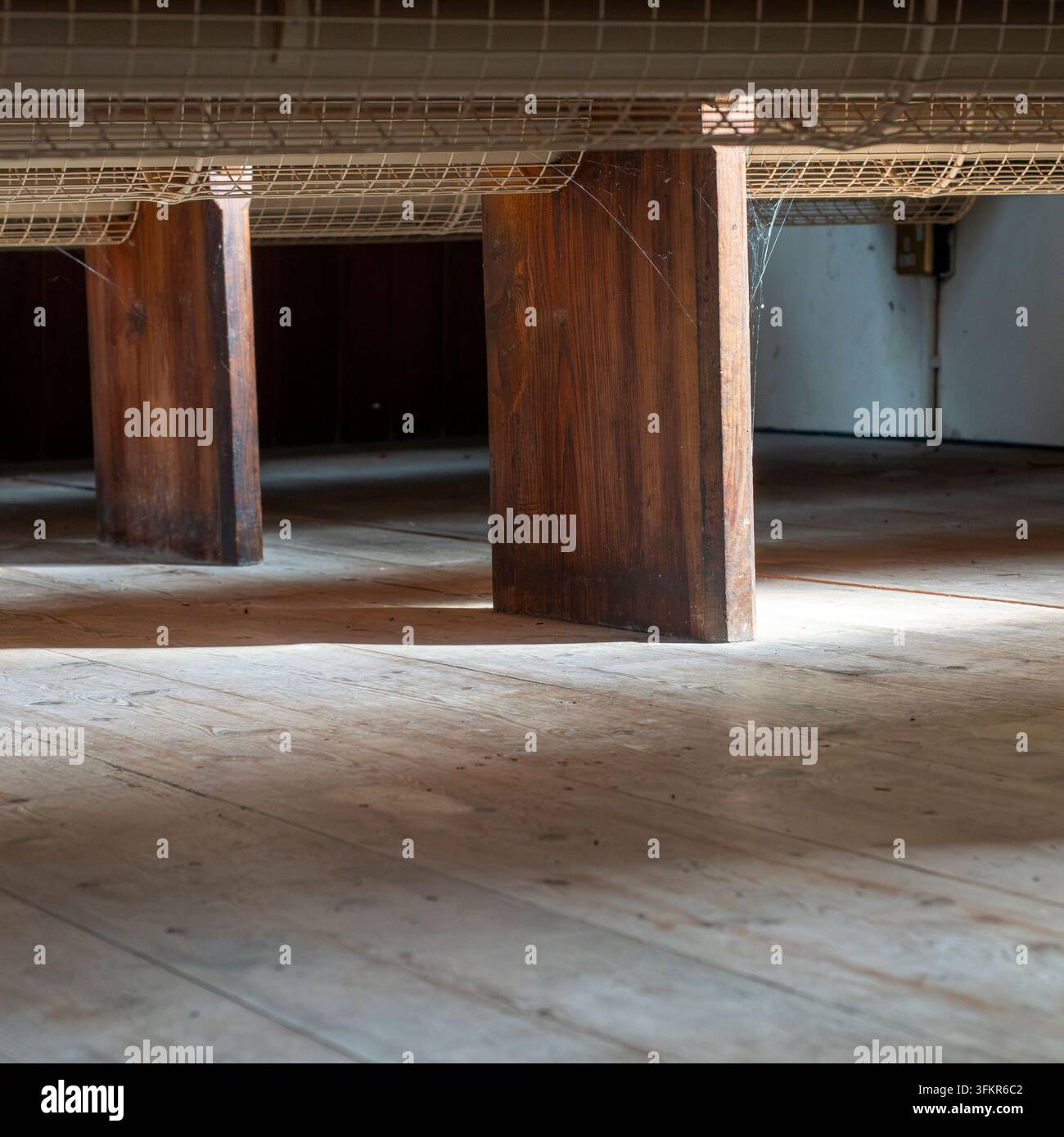 20 settembre 2026, Loweswater, Regno Unito. La luce del sole si riversa su un pavimento di legno consumato, illuminando la parte inferiore di una struttura sostenuta Foto Stock