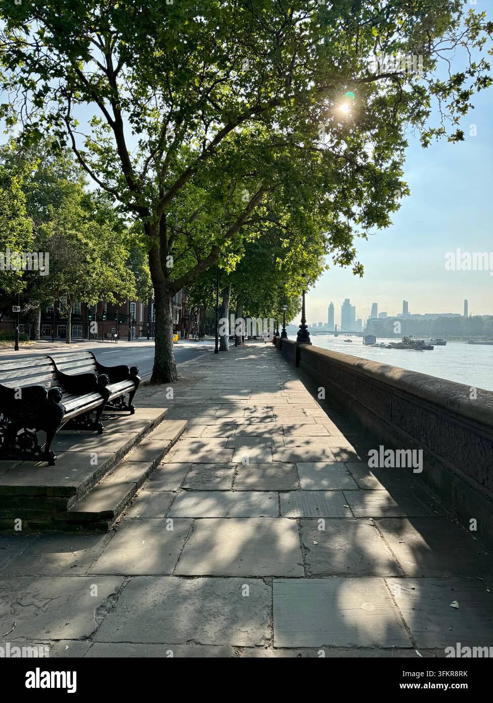 Passeggiata fluviale di Chelsea Embankment lungo il Tamigi, Londra Foto Stock