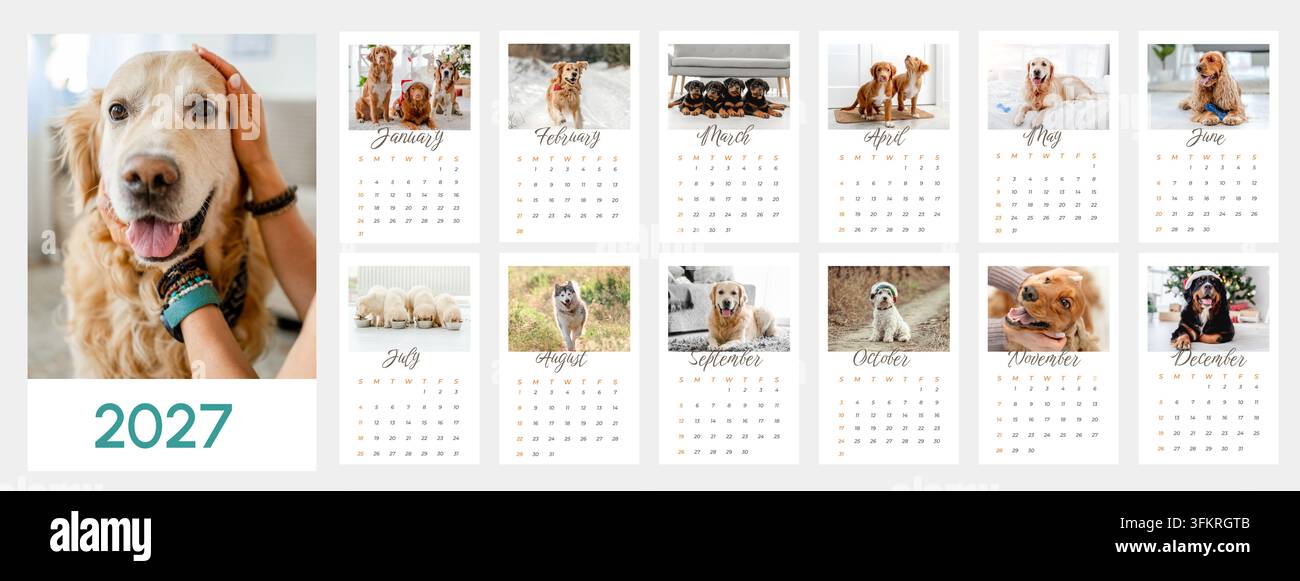 Dodici fogli mensili che mostrano vari cani adorabili per l'anno 2027 Foto Stock