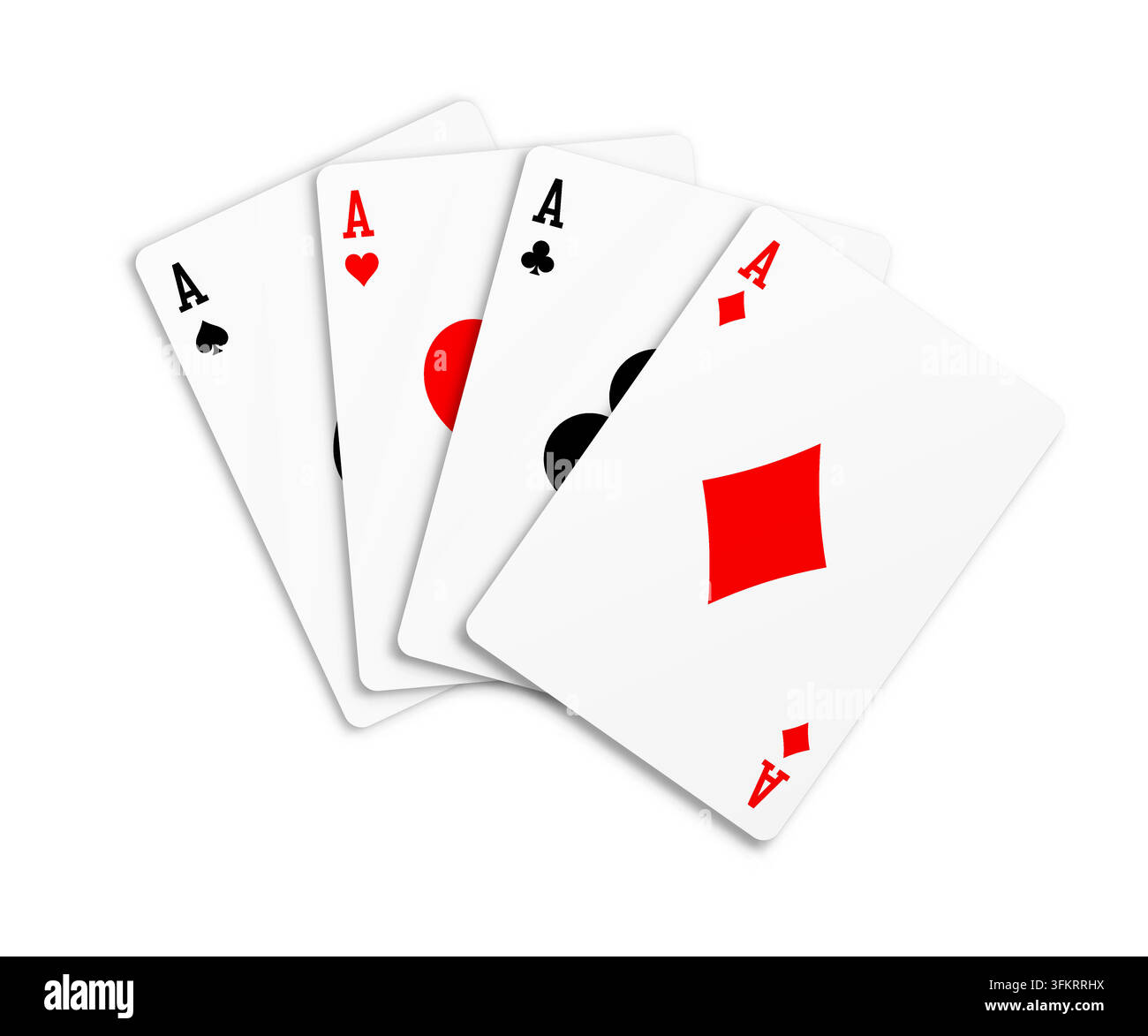 Gruppo dei quattro assi – Asse di cuori, picche, fiori e quadri. Concetto di gioco d'azzardo o di gioco. Illustrazione vettoriale con ombra proiettata su sfondo bianco da tavolo Illustrazione Vettoriale