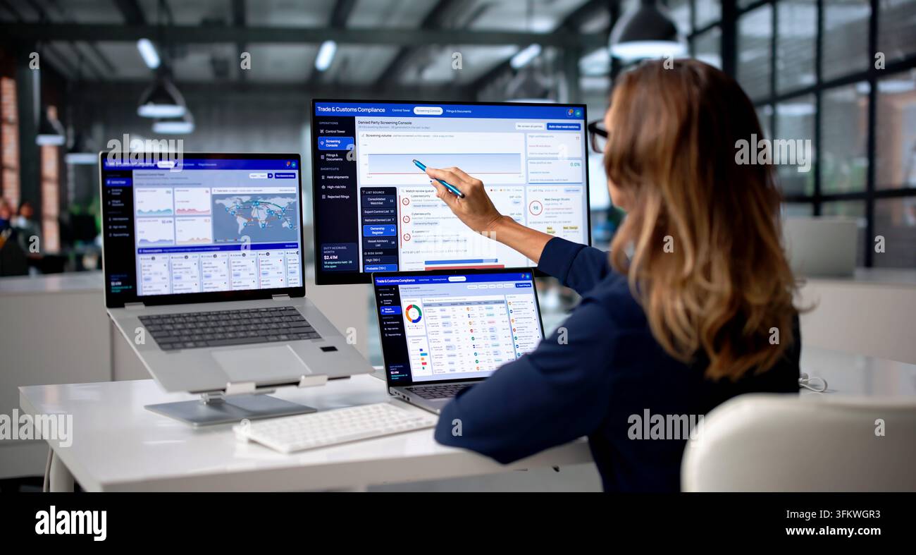 Ufficiale di conformità doganale esamina attentamente i documenti commerciali sullo schermo del laptop. Foto Stock