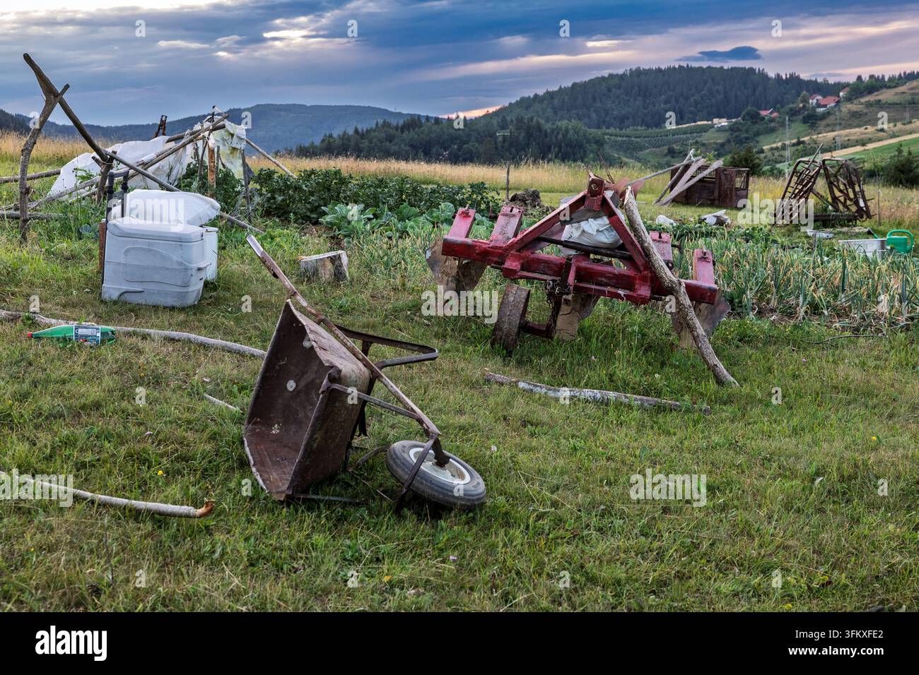 Attrezzi agricoli arrugginiti inclusi un aratro e una carriola riposano in un campo rurale con vista su colline ondulate al tramonto, Vilovi, Serbia Foto Stock