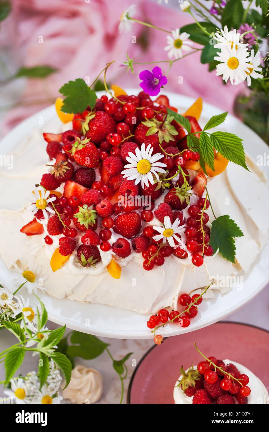 Deliziosa torta di meringa Pavlova decorata con freschi frutti di bosco estivi Foto Stock