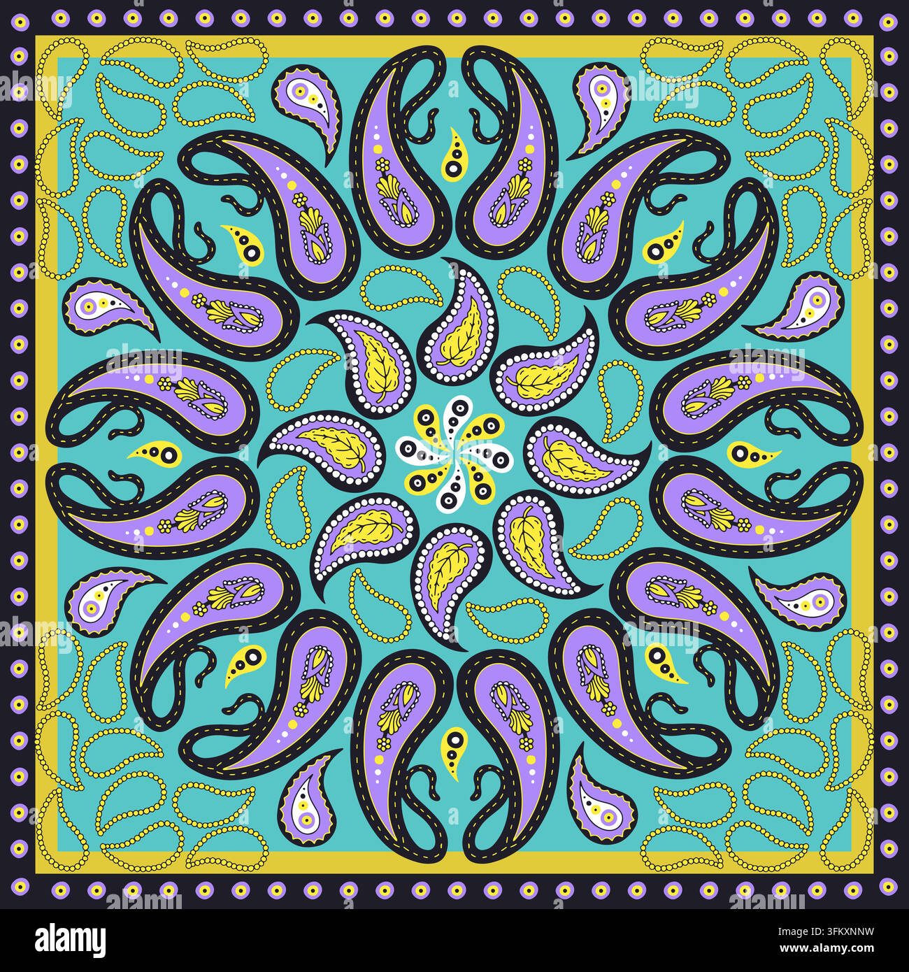 Disegno colorato e intricato di sciarpa o bandana viola e blu turchese con motivo mandala Paisley Illustrazione Vettoriale