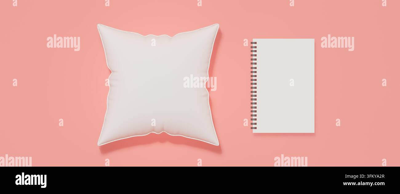 Modello di cuscino bianco e quaderno a spirale su sfondo rosa, rendering 3D. Foto Stock