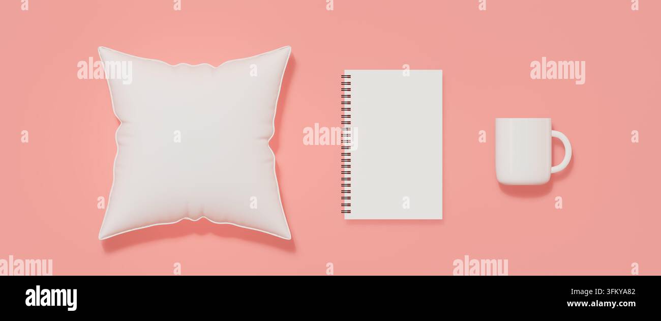 Mockup di cuscino bianco, quaderno a spirale e tazza su sfondo rosa, rendering 3D. Foto Stock