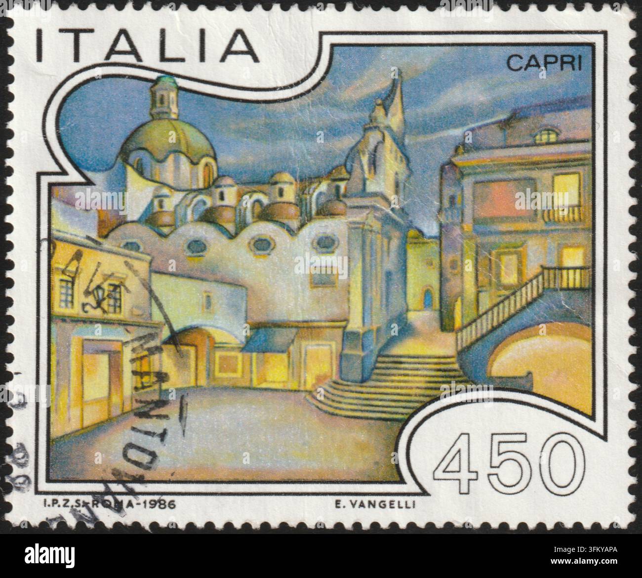 Francobollo italiano con una vista panoramica dell'architettura dell'isola di Capri, emesso nel 1986 Foto Stock