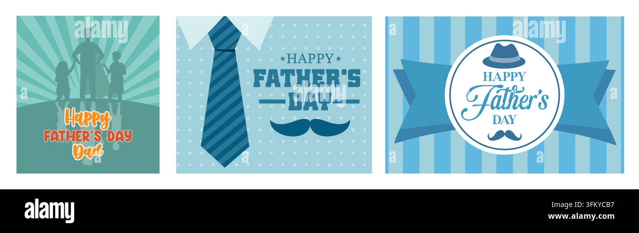 Padre e figlio super eroe Buon Festa del Papà. Poster per la Festa del Papà cravatta e scatola regalo. Festa del Papà con cappello e baffi su sfondo blu. Set piatto ve Illustrazione Vettoriale