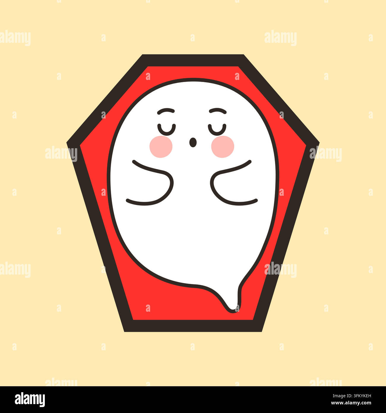 Fantasma carino e assonnato con orlo appuntito in cornice a bara illustrazione vettoriale di Halloween Illustrazione Vettoriale