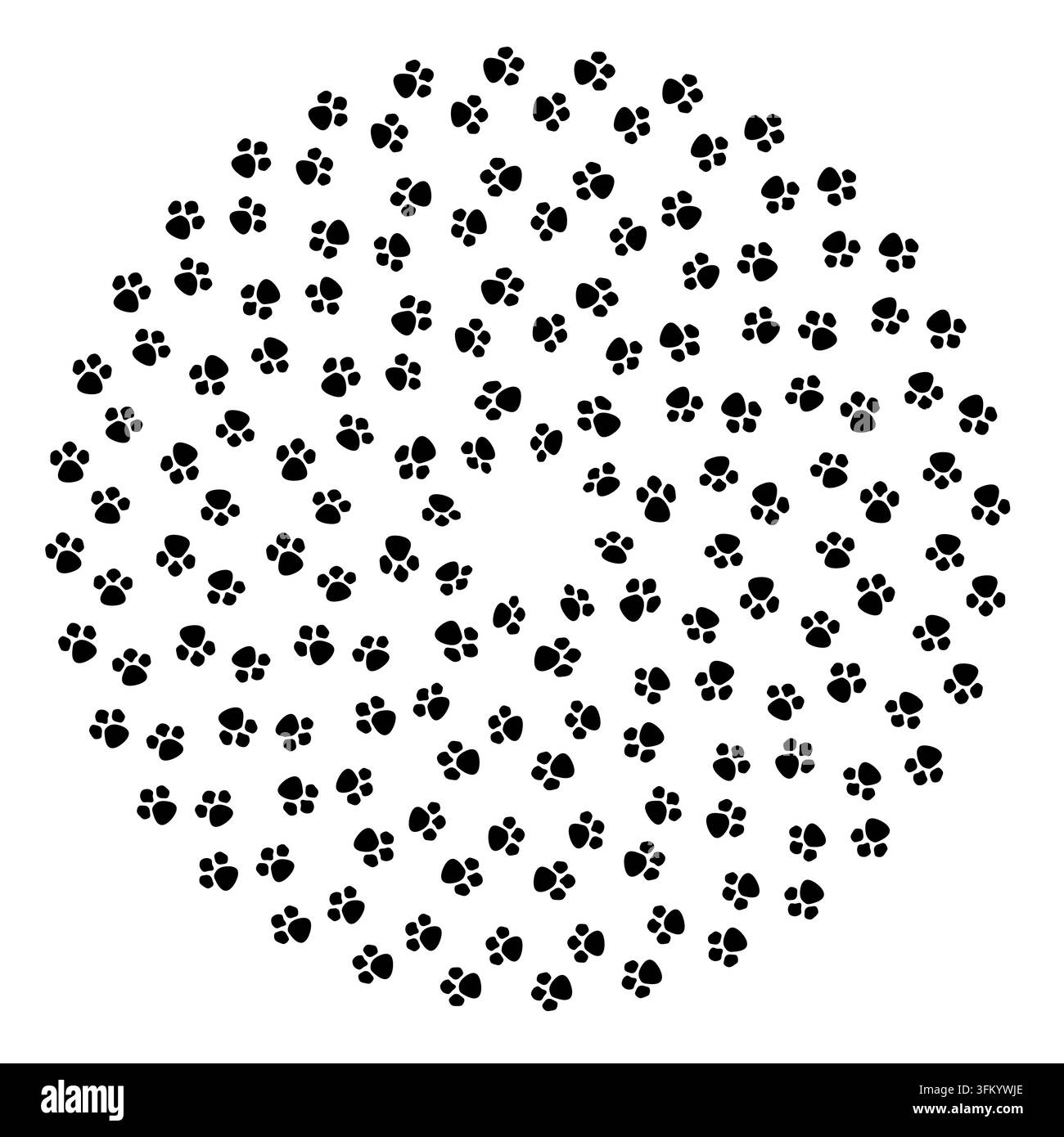 Le impronte di zampe di animali formano un motivo radiale circolare vettoriale grafico. L'opera d'arte supporta il branding della cura degli animali domestici e le promozioni per il benessere animale. EPS 10. Illustrazione Vettoriale