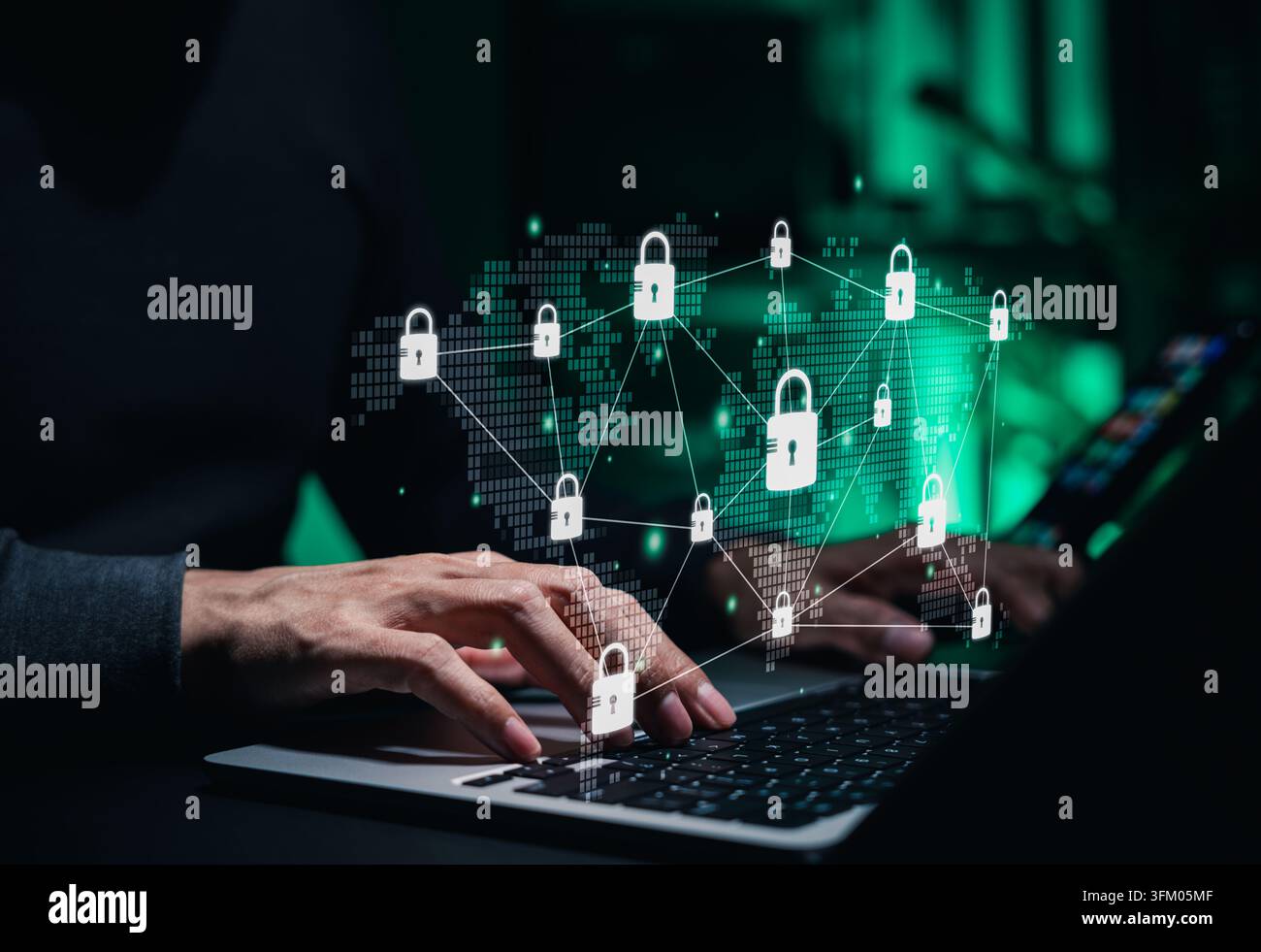 Concetto di protezione della rete di sicurezza informatica. icona lucchetto. gestire l'accesso ai dati crittografati, connessione globale sicura, blocco della privacy, prevenzione delle minacce, Foto Stock