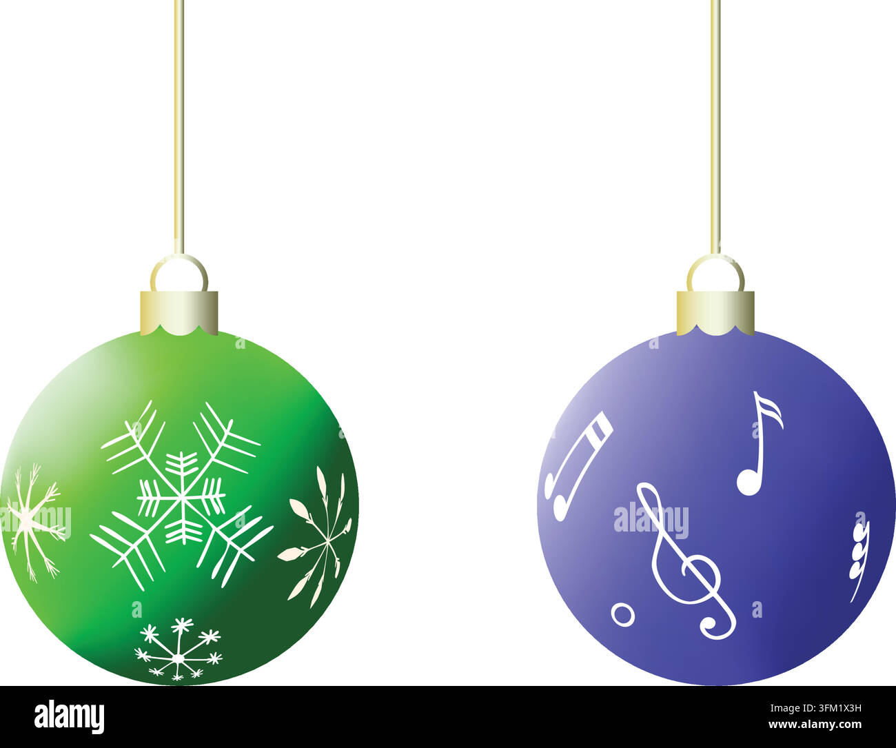 Ornamento palline di Natale fiocco verde e nota blu sulla superficie per decorazione albero di pino oggetto elemento festival vettore e illustrazione Illustrazione Vettoriale
