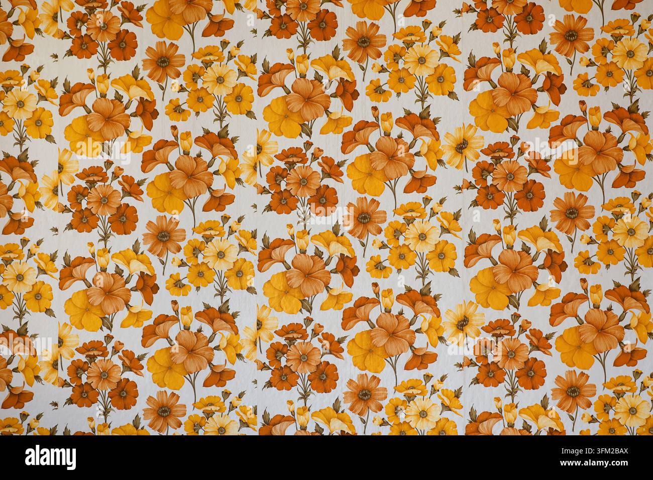Sfondo autentico con texture di carta da parati floreale vintage degli anni '70. Foto Stock