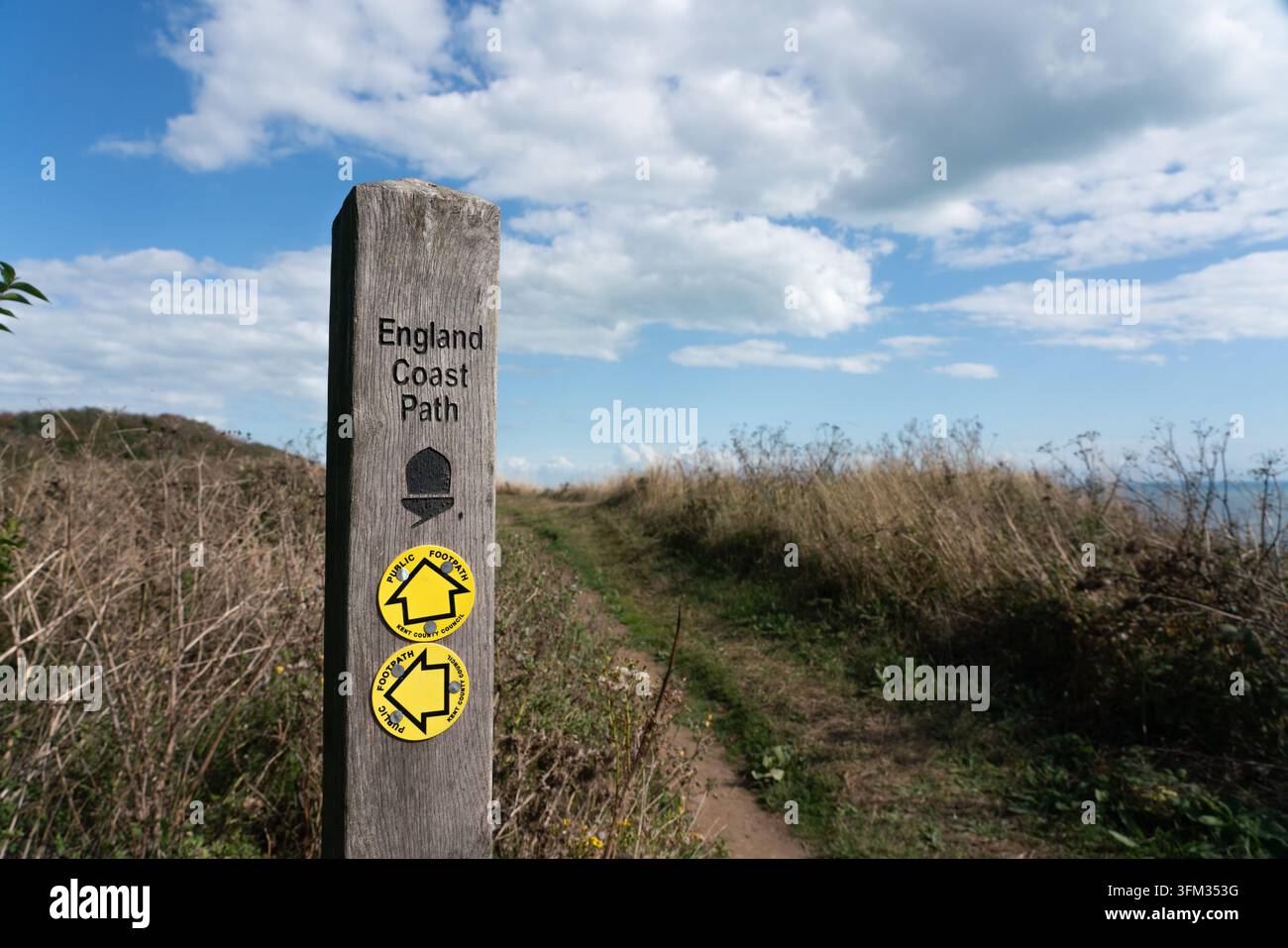 Un paletto segnaposto in legno guida gli escursionisti lungo l'England Coast Path nel Kent, assicurando che i camminatori rimangano sul sentiero pubblico ufficiale. Foto Stock
