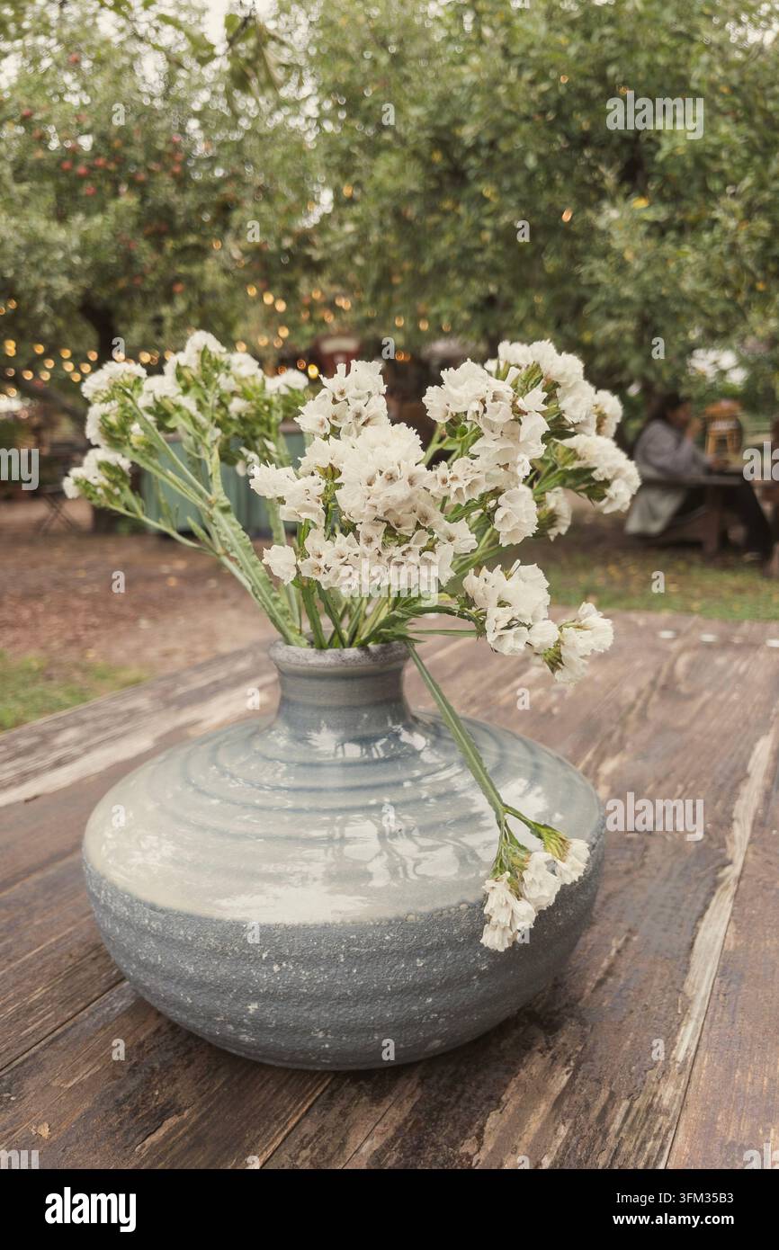 Fiori di limonio bianco in vaso di ceramica su tavolo esterno in legno - Immagine stock catturata con smartphone