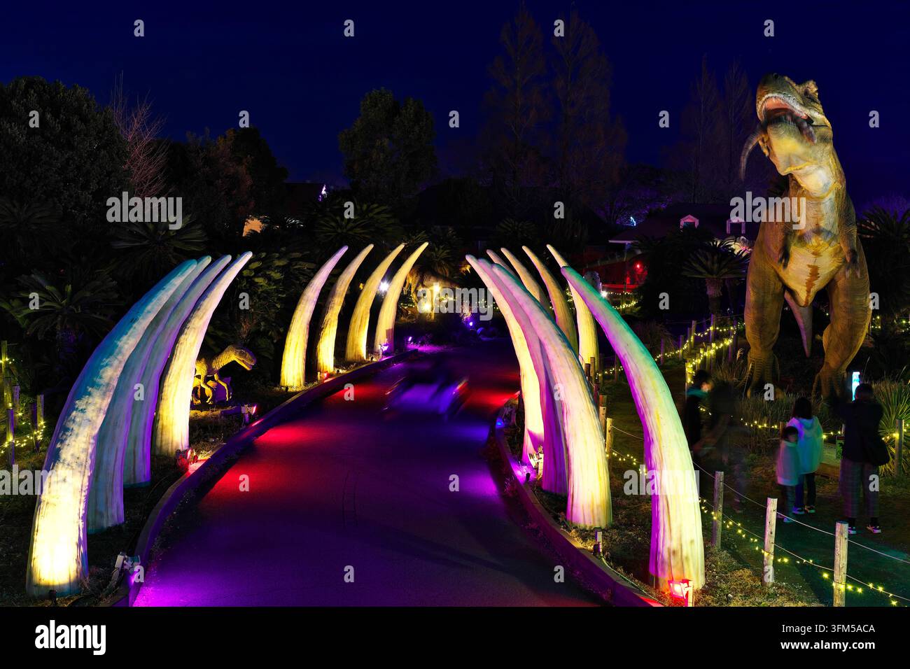 30 dicembre 2023, Ito, Giappone: Una vista notturna di un'attrazione illuminata di un parco a tema sui dinosauri con un percorso incorniciato da archi ossei giganti e un Foto Stock