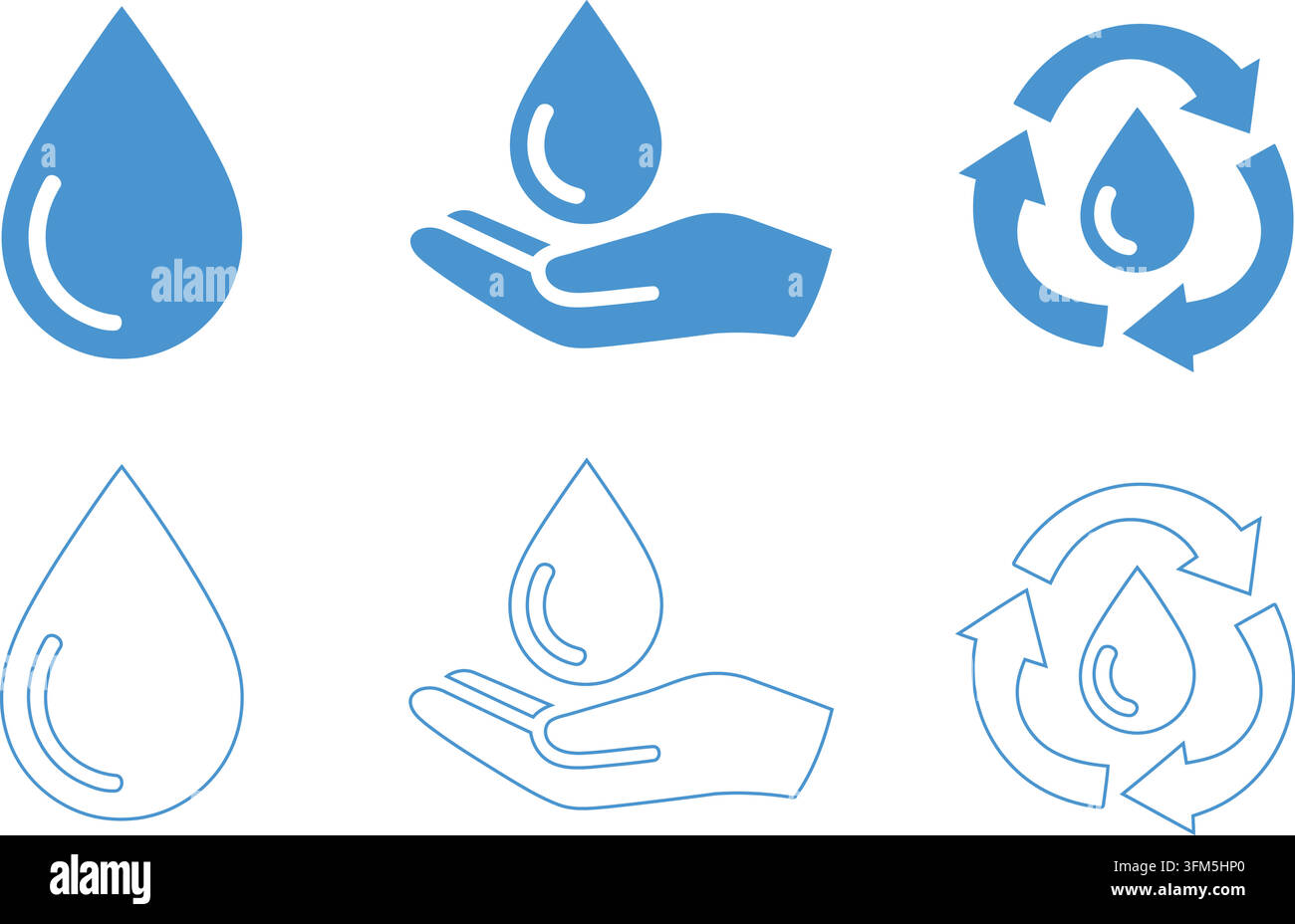 Icone per il risparmio idrico ambientale. Presenta gocce liquide e frecce sostenibili. Elementi grafici blu e puliti. Illustrazione Vettoriale
