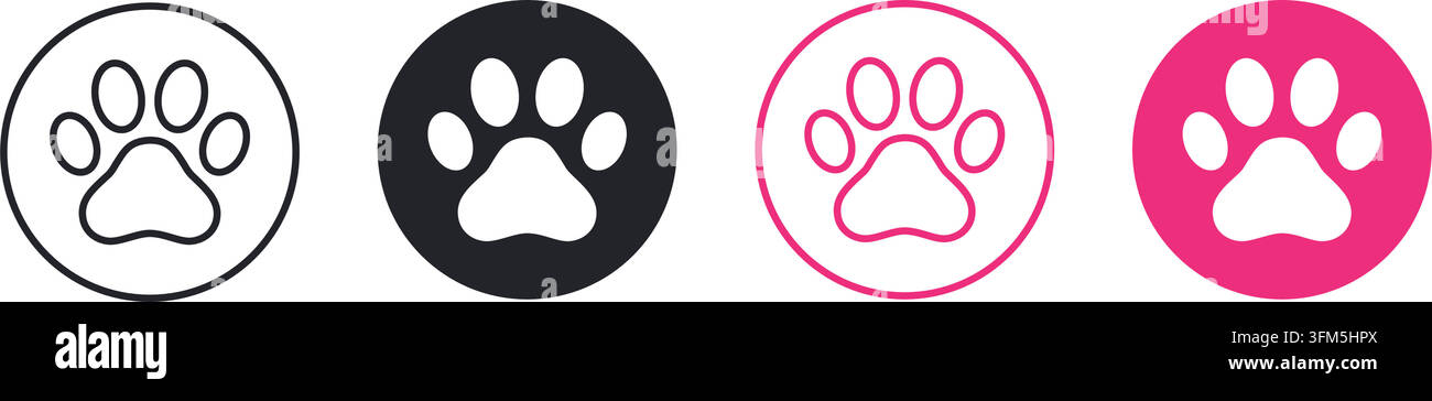 Icone Web a forma di zampa di animale in stile lineare. Cure per animali, servizio veterinario, salute degli animali, adozione, benessere animale, cure di compagnia e set clinica veterinaria Illustrazione Vettoriale