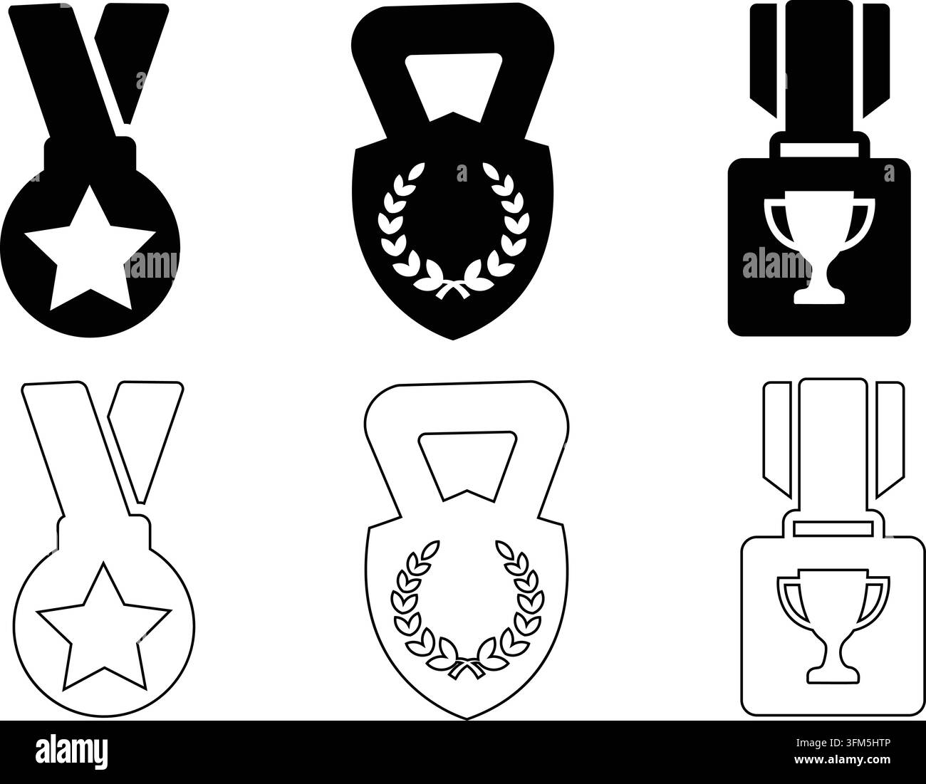 Badge di premiazione con medaglie a forma di stella, grafiche di coppe e rami di alloro in varianti di stile glifo nero e contorno. Illustrazione Vettoriale