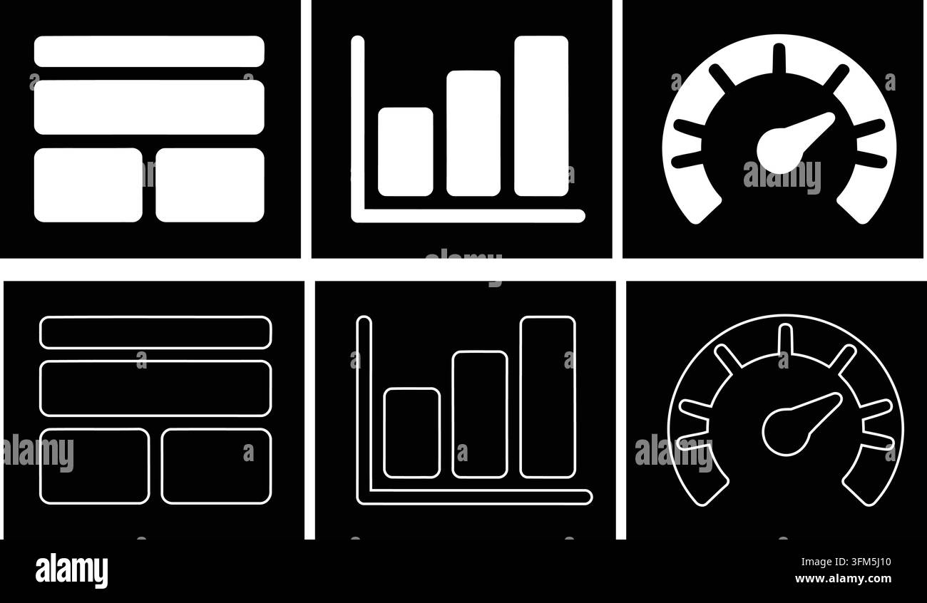 Elementi UI di infografica bianca inclusi griglie di layout, grafici a barre e tachimetri per il monitoraggio e la reportistica delle prestazioni. Illustrazione Vettoriale