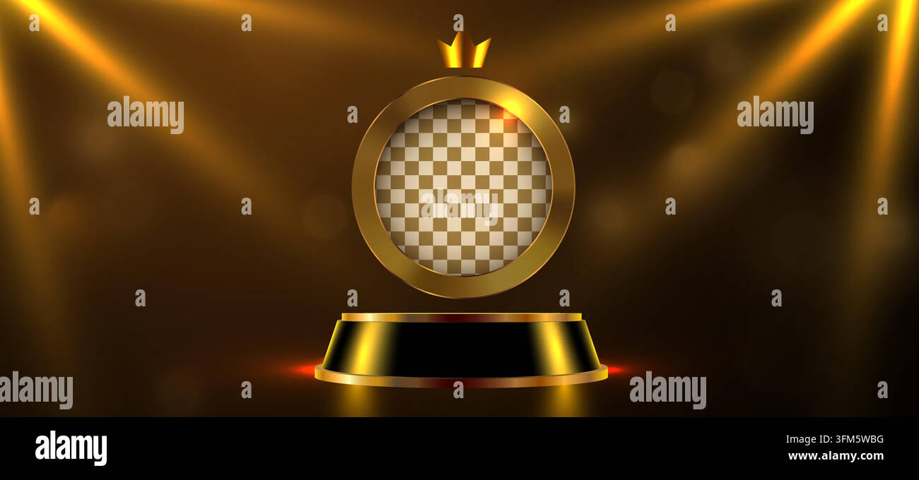 Trofeo premio d'oro con una cornice circolare e una corona per uno sfondo da vincitore. Illustrazione vettoriale Illustrazione Vettoriale