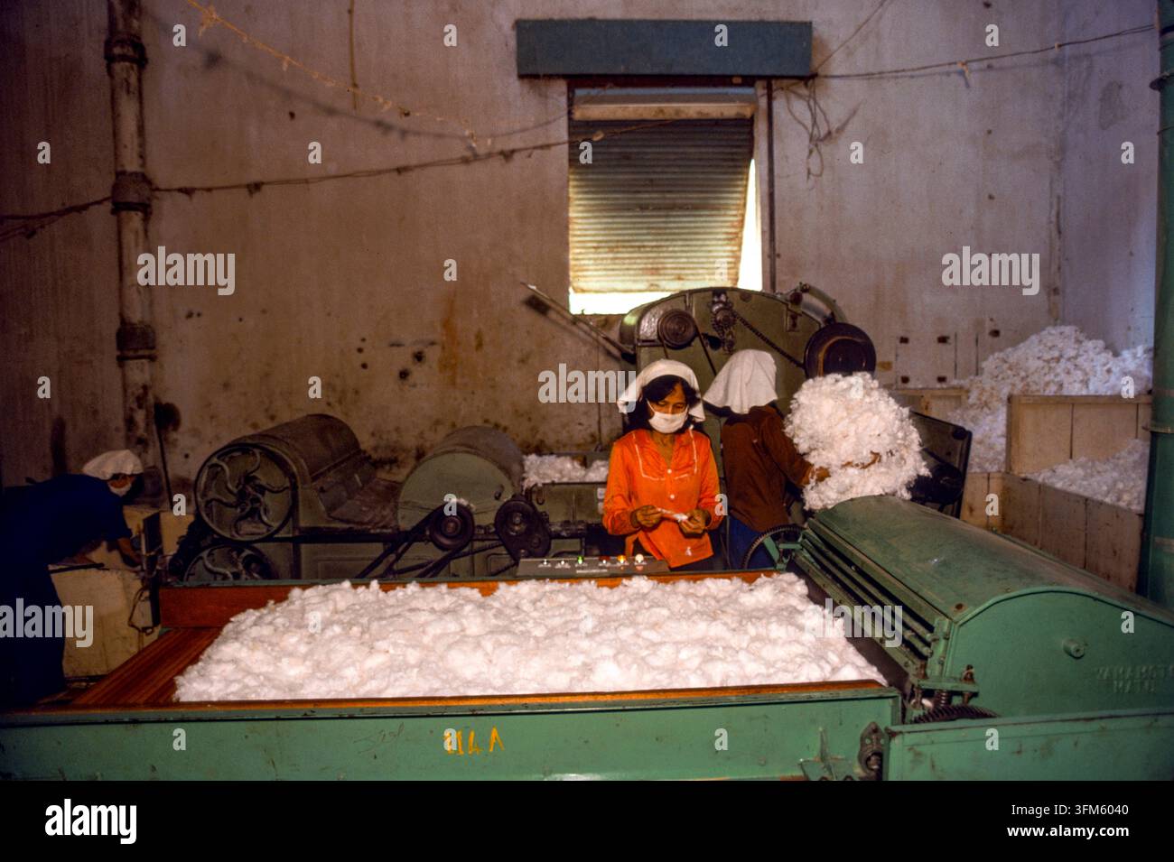 Donne che lavorano nella Fabbrica di Tessitura n. 5 che produce tessuti e altri prodotti tessili, Phnom Penh, Cambogia, settembre 1988 Foto Stock
