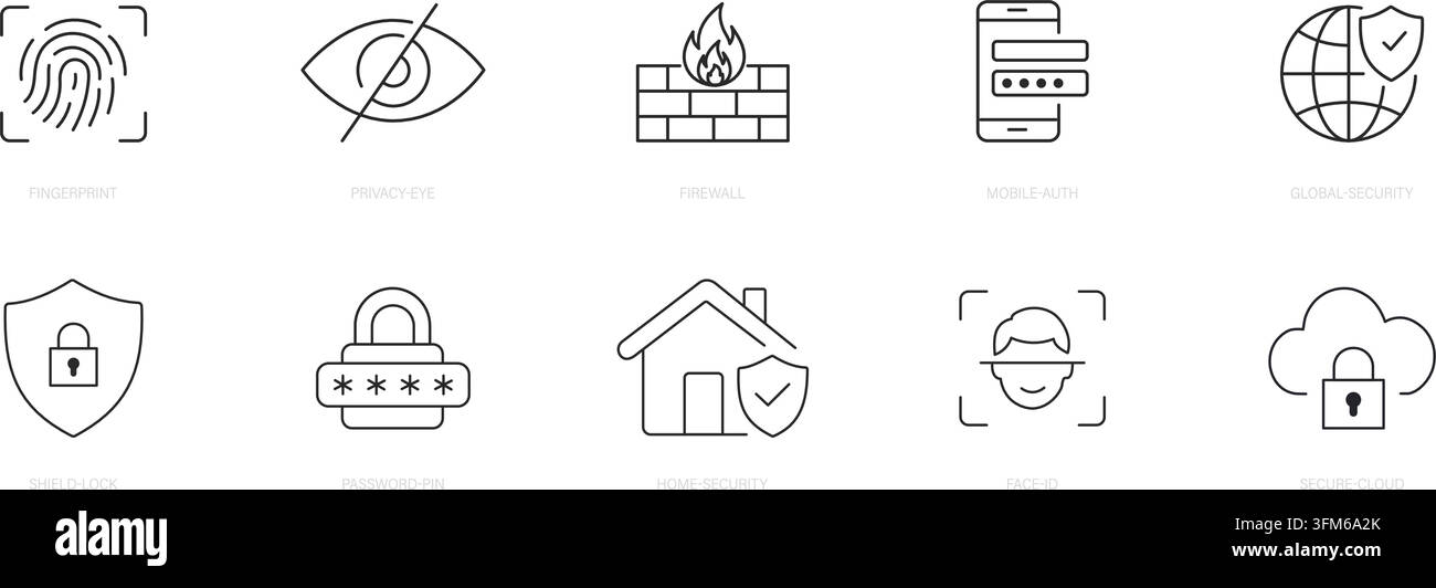 Set di icone di sicurezza informatica e privacy impronta digitale firewall autenticazione mobile sicurezza globale protezione password sicurezza domestica riconoscimento facciale cloud sicura Illustrazione Vettoriale