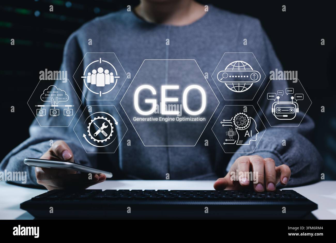 Concetto GEO (Generative Engine Optimization) con icone ai e interfaccia chatbot, che illustra le moderne strategie di marketing digitale e di motori di ricerca Foto Stock