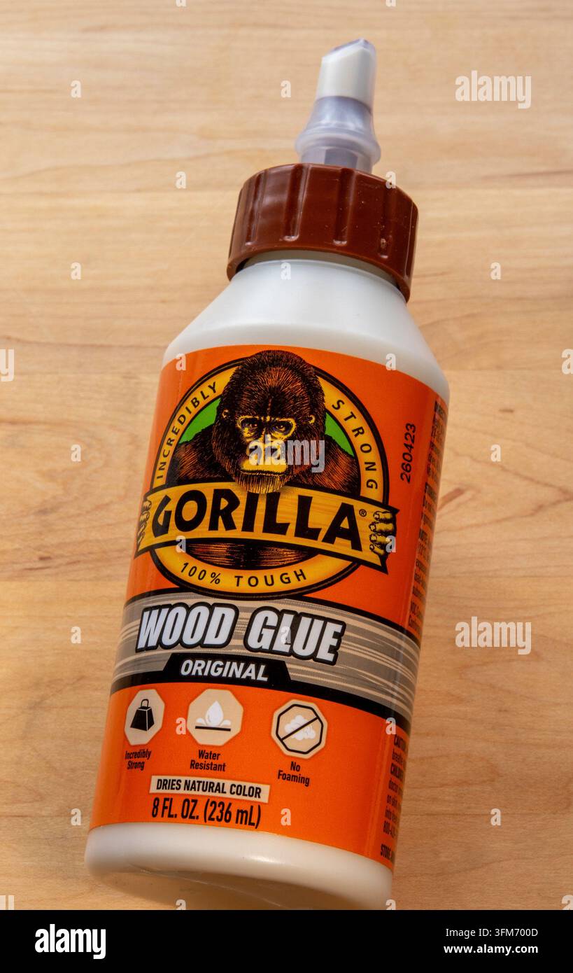 La colla per legno della marca Gorilla è un adesivo super forte utilizzato per legare materiali lignei, 2026, USA Foto Stock