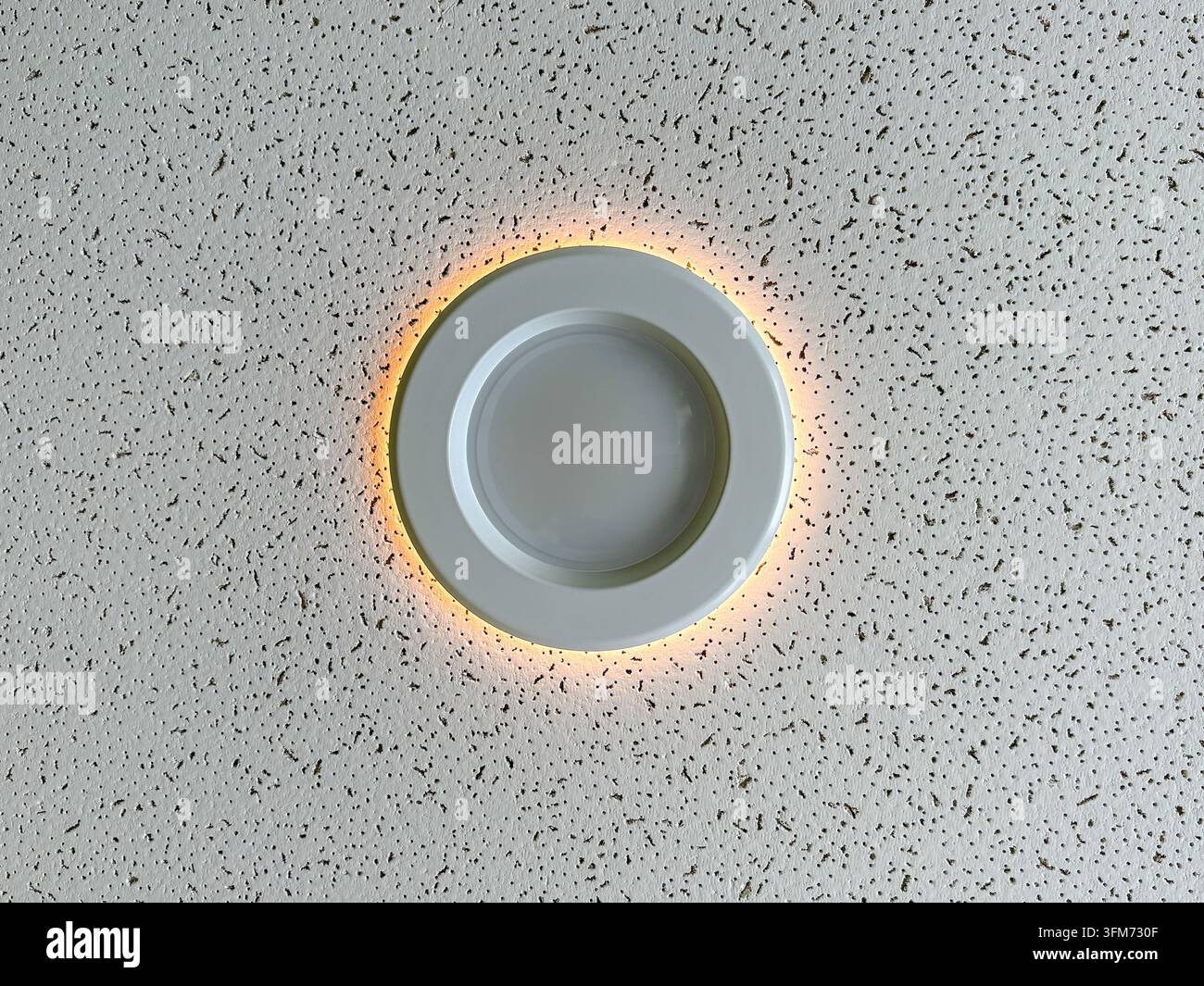 Lampada da soffitto circolare che risplende contro un soffitto in piastrelle acustiche maculate in un interno commerciale. Foto Stock