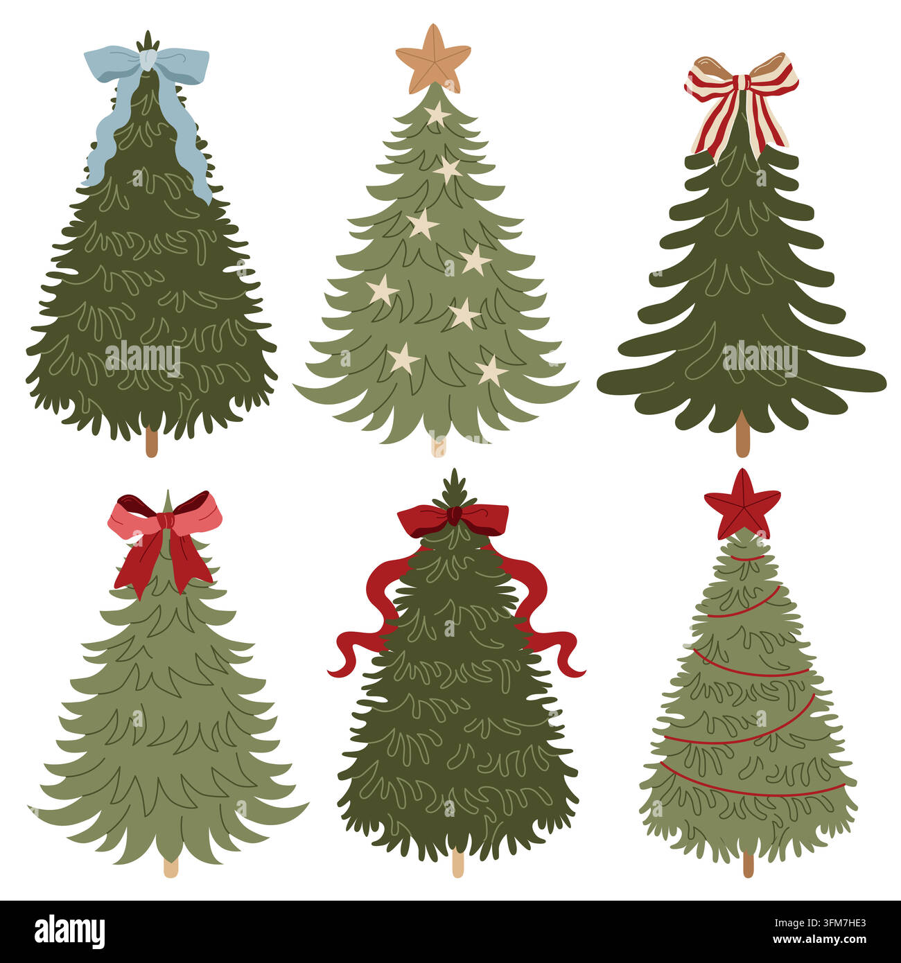 Albero di Natale e abete disegnati a mano e decorati con fiocchi e nastri festosi e stelle per packaging e biglietti delle festività invernali Illustrazione Vettoriale