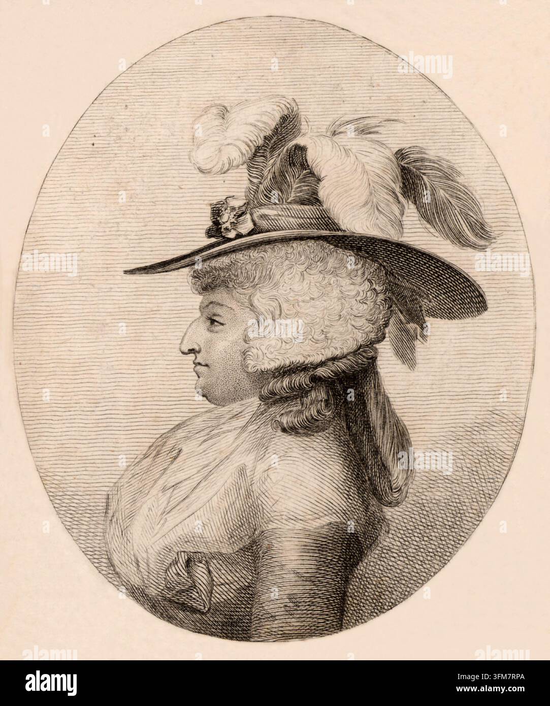 Un ritratto inciso di Mrs Maria Anne Fitzherbert (1756-1837), nata Maria Anne Smythe. Raffigurata di profilo con un cappello elaborato adornato di piume, sposò famosamente il Principe di Galles, il futuro Giorgio IV, nel 1785. La loro unione fu dichiarata illegale ai sensi del Royal Marriage Act del 1772 perché lei era cattolica romana e il consenso di Giorgio III non era stato richiesto. Rimase una figura influente e visse con il Principe fino al 1803. c.1800. Foto Stock