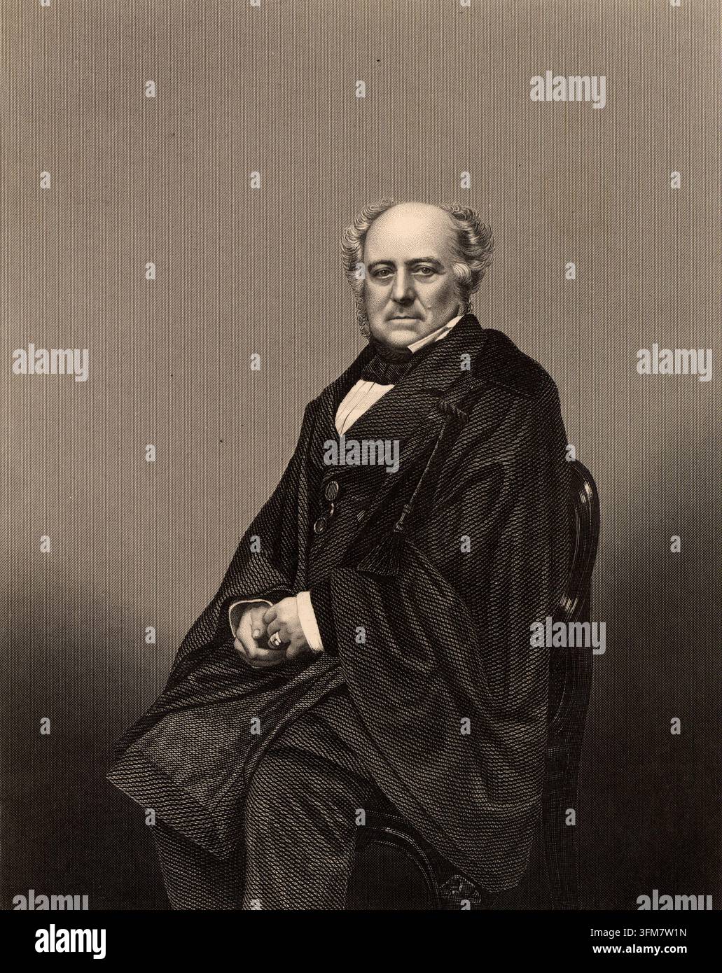 Un'incisione di Richard Bethell (1800-1873), I barone Westbury, un prominente avvocato e politico britannico nato a Bradford-on-Avon. Raffigurato seduto con le mani giunte, Bethell è stato Lord Cancelliere della Gran Bretagna dal 1861 al 1865, posizione che ha raggiunto dopo una distinta carriera legale che lo ha portato alla nobiltà. Londra, c.1860. Foto Stock