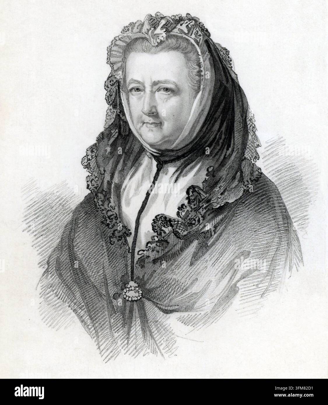Un'incisione a mezzotinta di Mary Delany, nata Granville (1700–1788), una donna inglese di gusti artistici e letterari. Figura prominente nei circoli sociali del XVIII secolo, sposò nel 1743 Patrick Delany, un ecclesiastico irlandese e amico del decano Jonathan Swift. È nota per i suoi 'mosaici' di carta botanica, una serie di collage dettagliati ora conservati al British Museum. Da 'Diary and Letters of Madame D'Arblay', Fanny Burney, Londra, 1843. Foto Stock