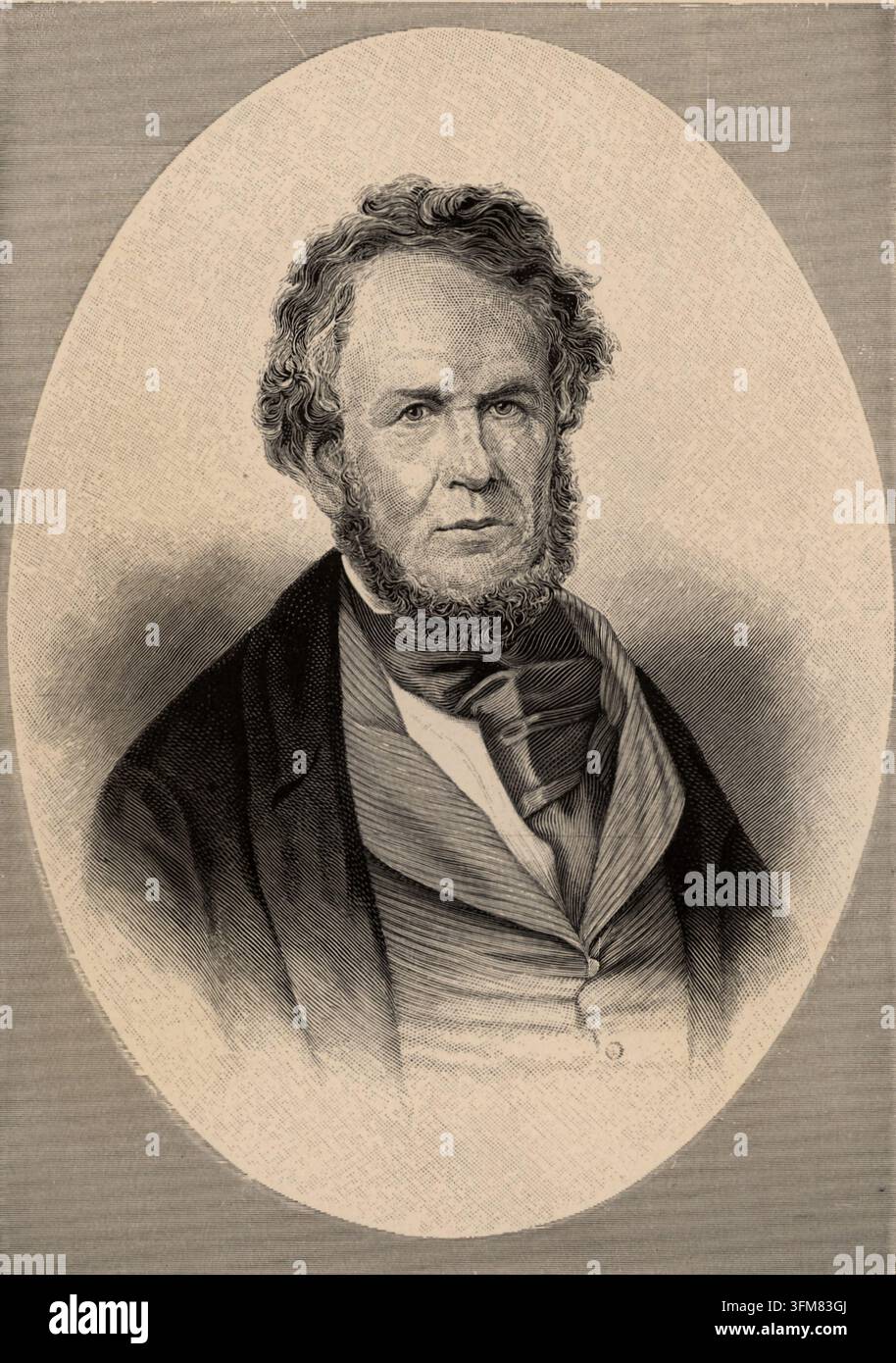 Un'incisione di Henry Rowe Schoolcraft (1793–1864), etnologo, geografo e geologo americano nato ad Albany, New York. Schoolcraft scoprì la fonte del fiume Mississippi nel 1832 e condusse ricerche sulle culture dei nativi americani. I suoi studi sulle leggende indigene fornirono il materiale per il poema di Henry Wadsworth Longfellow 'Il Canto di Hiawatha' (1855), che influenzò la percezione pubblica dei popoli indigeni. 1896. Foto Stock