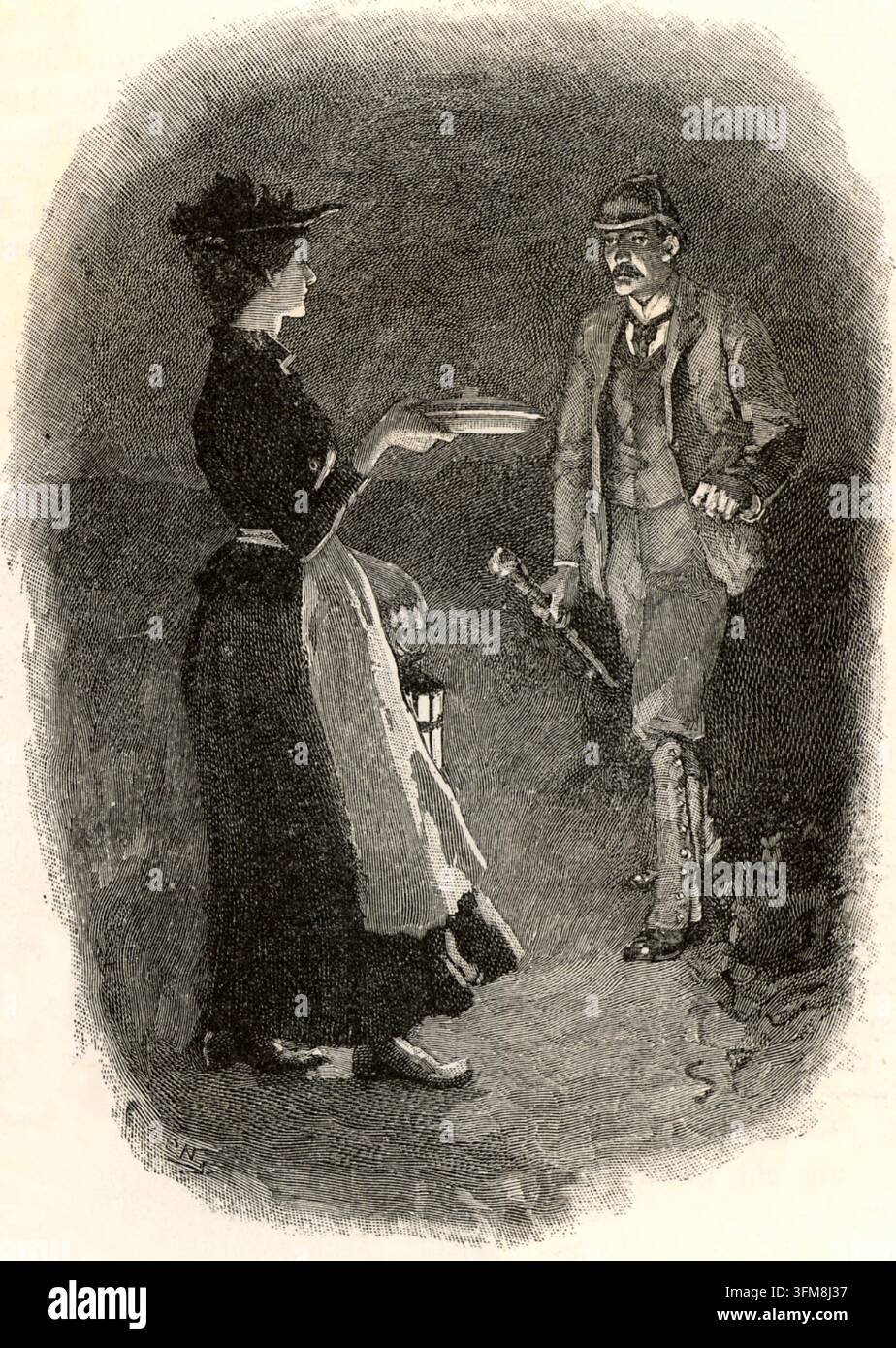 Un'incisione su legno di Sidney Edward Paget (1860–1908) che raffigura Edith Baxter mentre incontra il principale sospettato dell'omicidio, Fitzroy Simpson, durante la consegna della cena al garzone delle stalle in "L'avventura di Silver Blaze". Creata come illustrazione per le storie di Sherlock Holmes di Sir Arthur Conan Doyle (1859–1930), la scena ritrae un momento cruciale nel mistero riguardante la scomparsa di un campione di cavallo da corsa e la morte del suo allenatore a Dartmoor. Le illustrazioni di Paget sono state fondamentali per definire l'aspetto visivo del detective e l'atmosfera dell'Inghilterra vittoriana tardo. 1892. Foto Stock