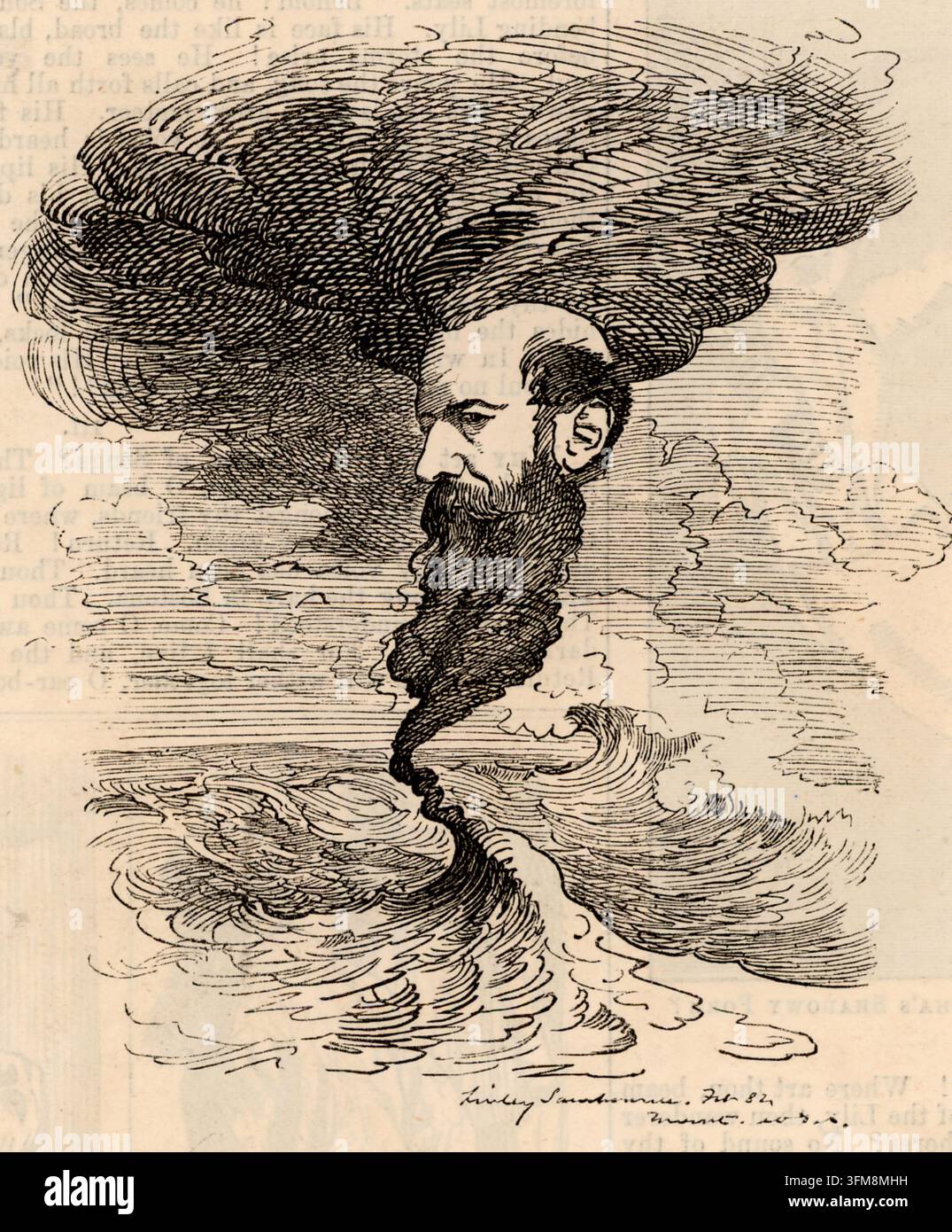 Un'incisione di Sir Wilfrid Lawson, 2° baronetto (1829–1906), politico liberale inglese e leader del movimento di temperanza, raffigurato come una colonna d'acqua in una caricatura di Edward Linley Sambourne (1844–1910). Come principale sostenitore della soppressione del commercio degli alcolici attraverso una legislazione locale di veto, Lawson era sinonimo della causa dell'astinenza totale, il che gli è valso il soprannome satirico di "Un sputatore d'acqua estremamente efficace". Questa illustrazione riflette la sua reputazione di utilizzare arguzia e versi nei dibattiti parlamentari per promuovere la temperanza e le riforme sociali. 1882. Foto Stock