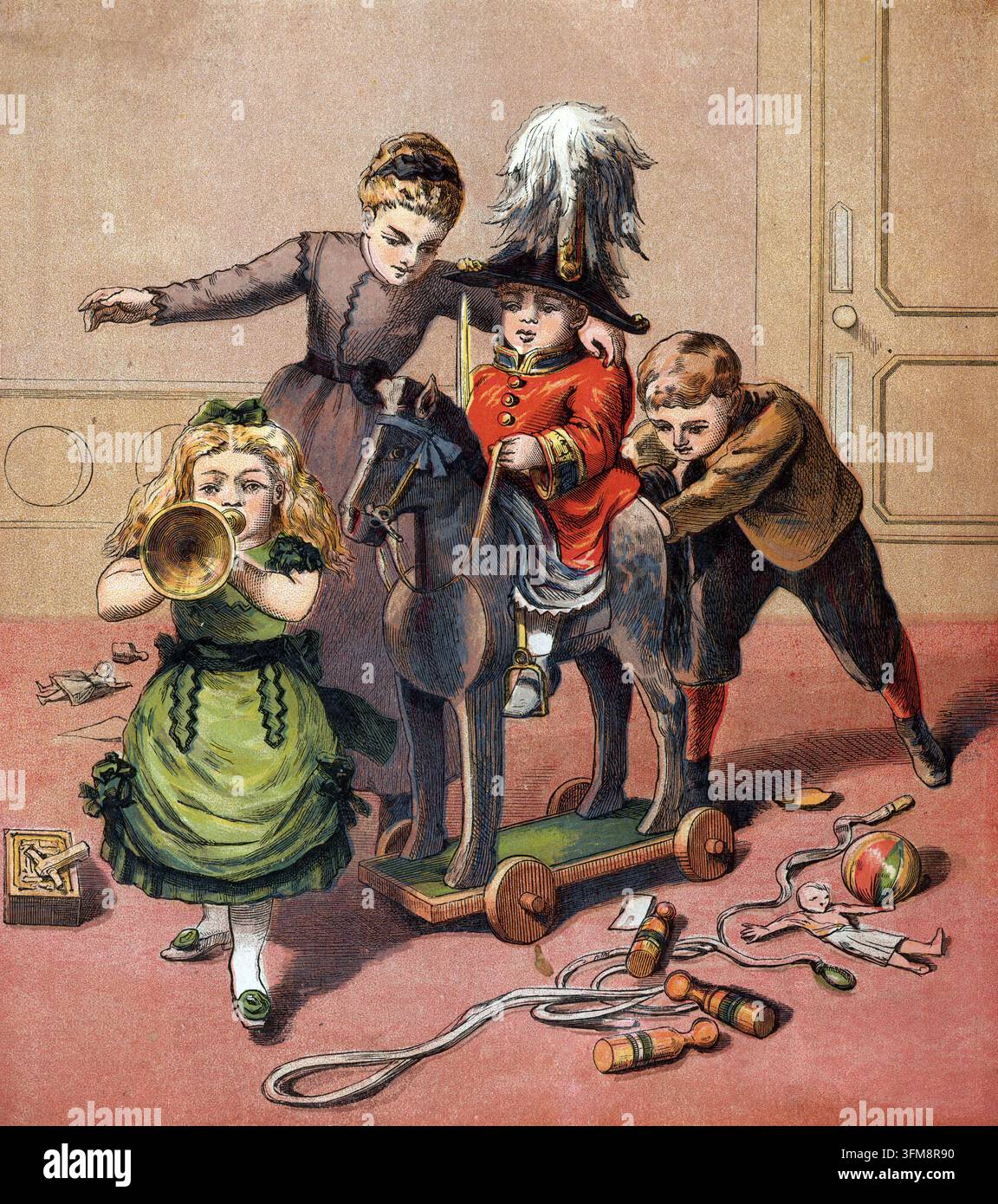 Una cromolitografia che raffigura bambini impegnati nel gioco dell'asilo. Pubblicata a Londra da Ward, Lock e Tyler come parte di "Childhood’s Happy Hours", l'illustrazione riflette l'ambiente domestico vittoriano idealizzato e la popolarità di giocattoli come un cavallo di legno su ruote e un'uniforme da soldato, evidenziando la natura di genere del gioco durante il periodo. c. 1870. Foto Stock