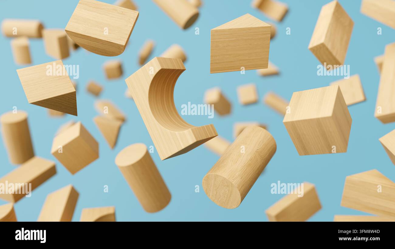 Una rappresentazione digitale 3D orizzontale dinamica di blocchi da costruzione in legno naturale che levitano e cadono a mezz'aria su uno sfondo blu morbido, reso w Foto Stock