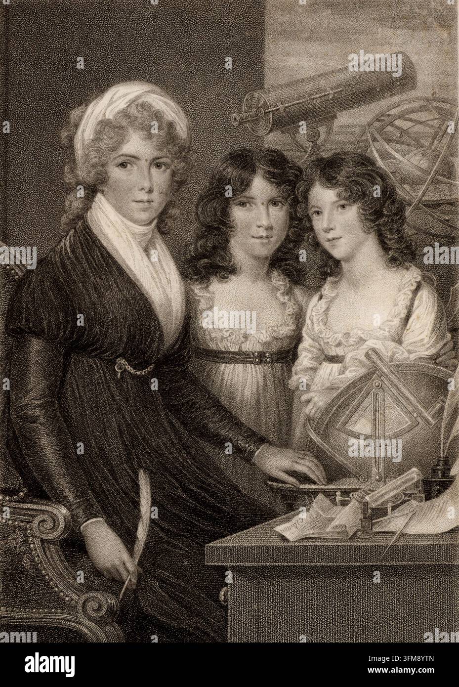 Un'incisione intitolata "Mrs Margaret Bryan e figli" che raffigura la filosofa naturale inglese Mrs Margaret Bryan (c. 1759–1836) e le sue figlie, Ann Marian e Sarah Maria, circondate da strumenti scientifici tra cui una sfera armillare, un telescopio e un sestante. Bryan era un'educatrice pioniera che gestiva un collegio per ragazze a Blackheath, Londra, dove ha integrato materie scientifiche avanzate nel curriculum. Questo ritratto è servito come frontespizio per la sua pubblicazione, "A Compendious System of Astronomy", che ha compilato le lezioni che ha tenuto ai suoi allievi e recei Foto Stock