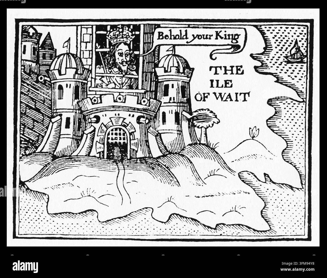 Un'incisione in legno che raffigura Carlo I (1600–1649) come prigioniero dei Parlamentari al Carisbrooke Castle sull'Isle of Wight durante la guerra civile inglese. Rappresentante della casa Stuart (1603–1714), il re è mostrato dietro le sbarre di una finestra del castello con una bolla discorsiva che recita 'Ecco il vostro re' e il titolo giocoso 'THE ILE OF WAIT', che riflette il suo periodo di detenzione in attesa di un accordo politico. L'immagine cattura la tensione della sua prigionia seguente alla sua fuga sull'isola alla fine del 1647. 1648. Foto Stock