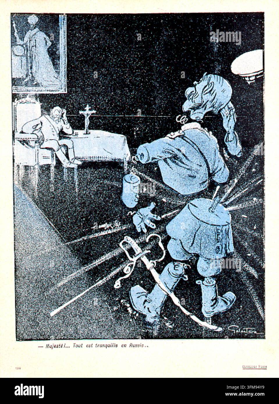 Una litografia di Gabriele Galantara (1867–1937) tratta da L'Assiette au Beurre che raffigura un funzionario in disintegrazione che riferisce a Zar Nicola II (1868–1918) che in Russia tutto è tranquillo. Creata all'indomani della rivoluzione russa del 1905, la caricatura satira il divario tra la realtà violenta dell'impero e i resoconti edulcorati consegnati al monarca durante un periodo di intensa repressione statale. 29 settembre 1906. Foto Stock
